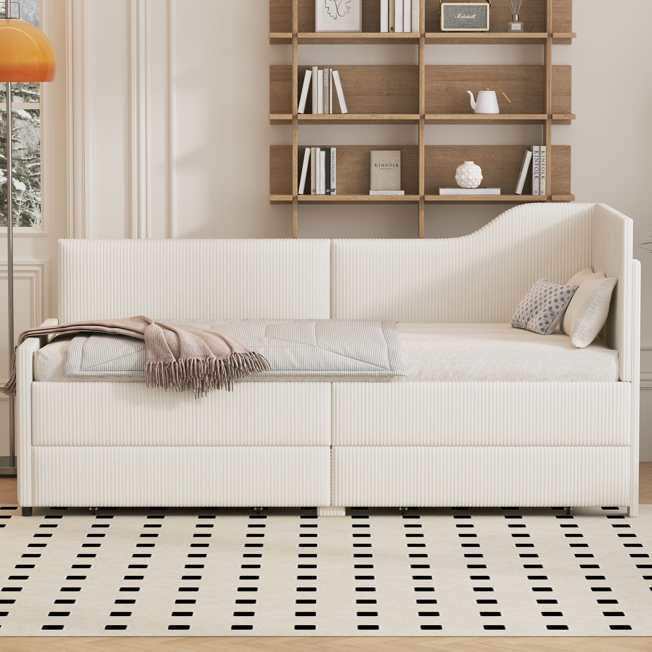 Twin Size L-Shaped Corduroy Daybed,Upholstered Bed Frame with 2 Storage Drawers, Beige - Image 3