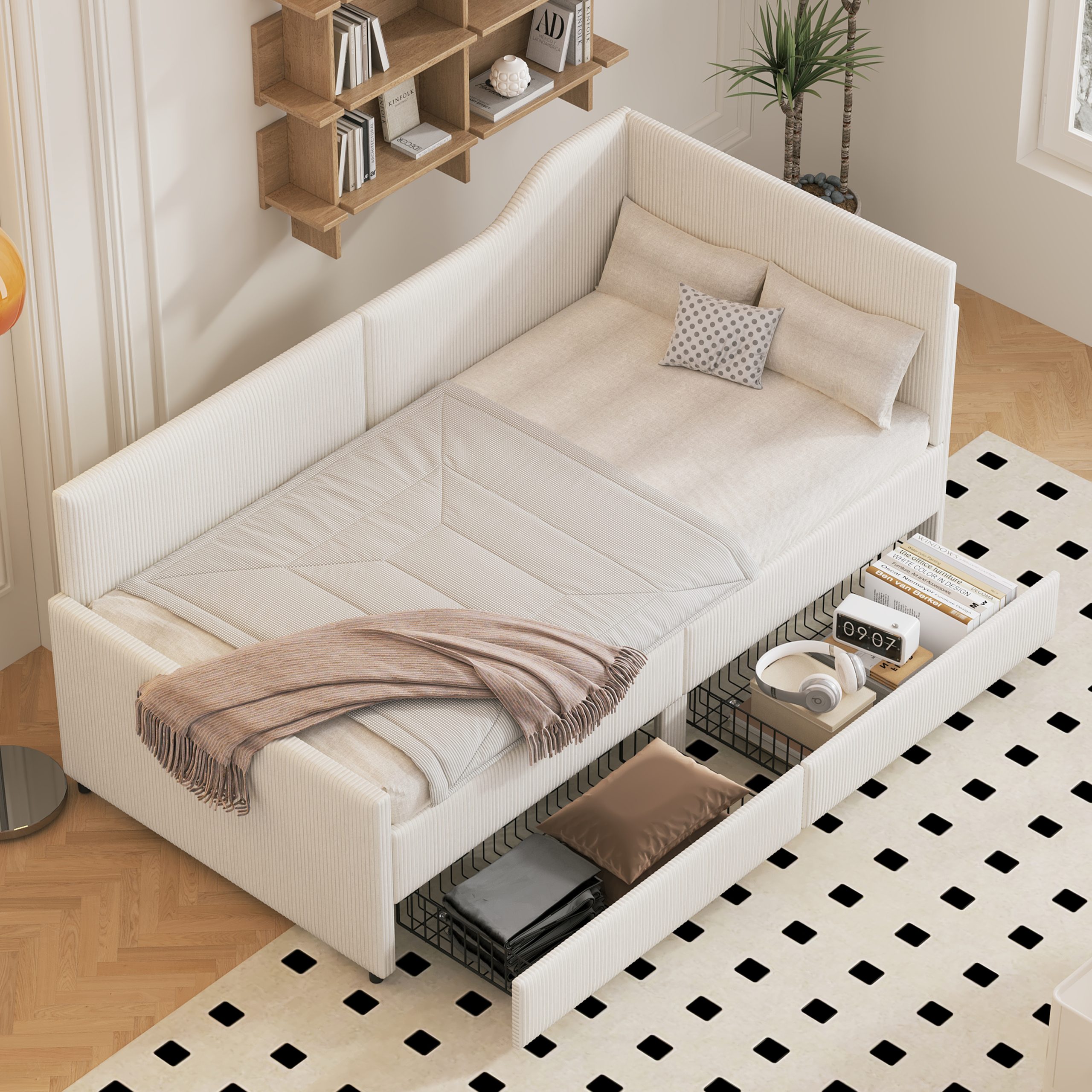 Twin Size L-Shaped Corduroy Daybed,Upholstered Bed Frame with 2 Storage Drawers, Beige - Image 4
