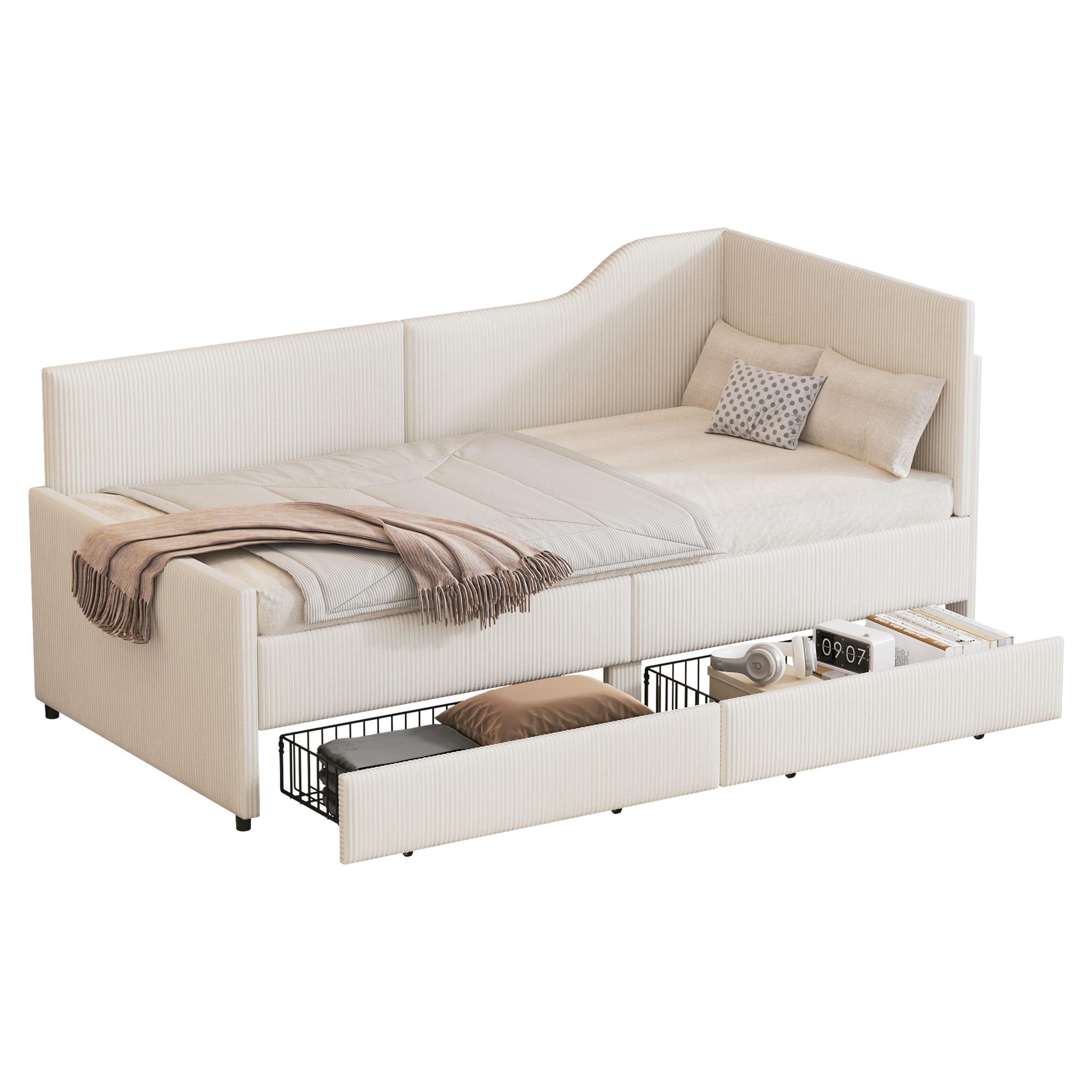 Twin Size L-Shaped Corduroy Daybed,Upholstered Bed Frame with 2 Storage Drawers, Beige - Image 5