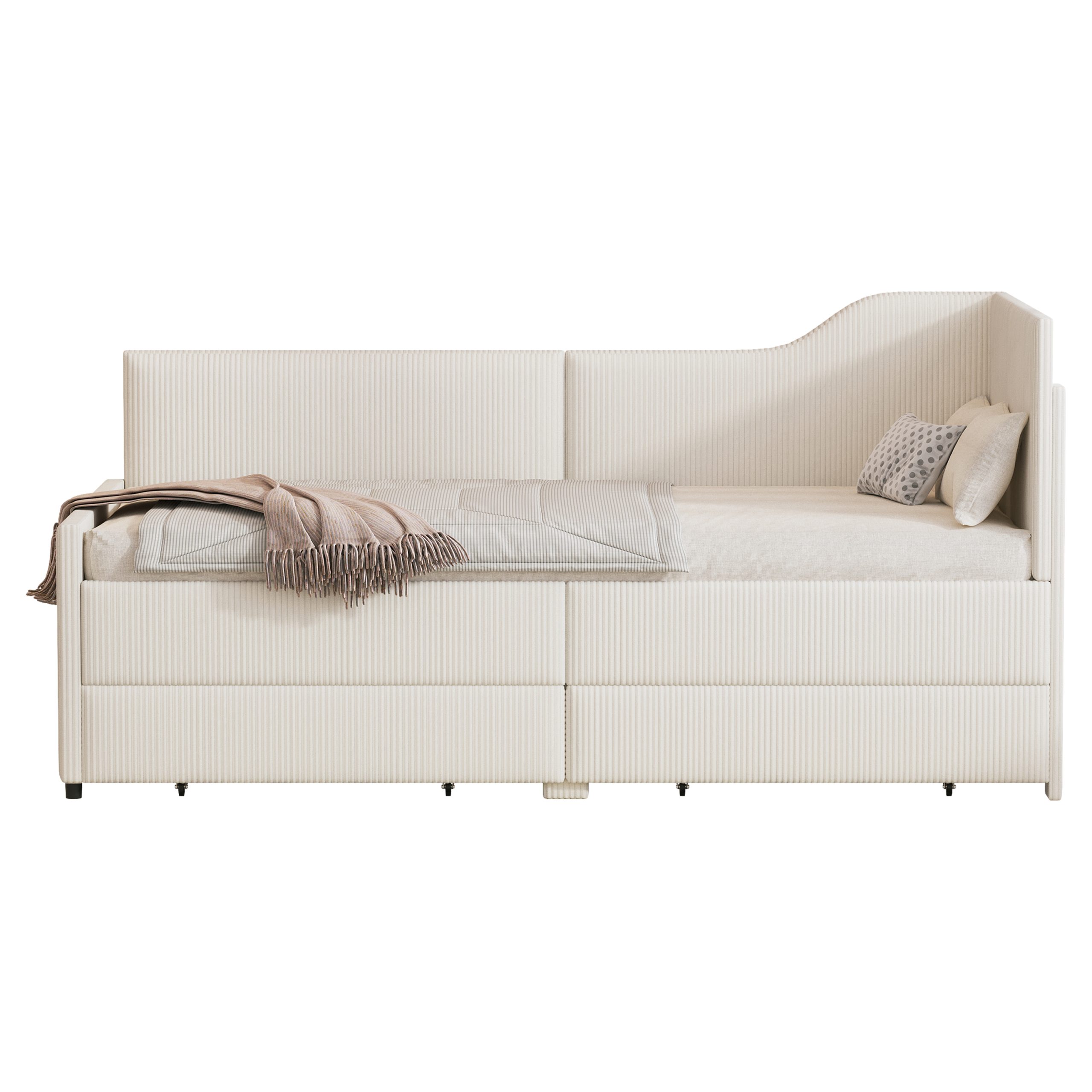 Twin Size L-Shaped Corduroy Daybed,Upholstered Bed Frame with 2 Storage Drawers, Beige - Image 6