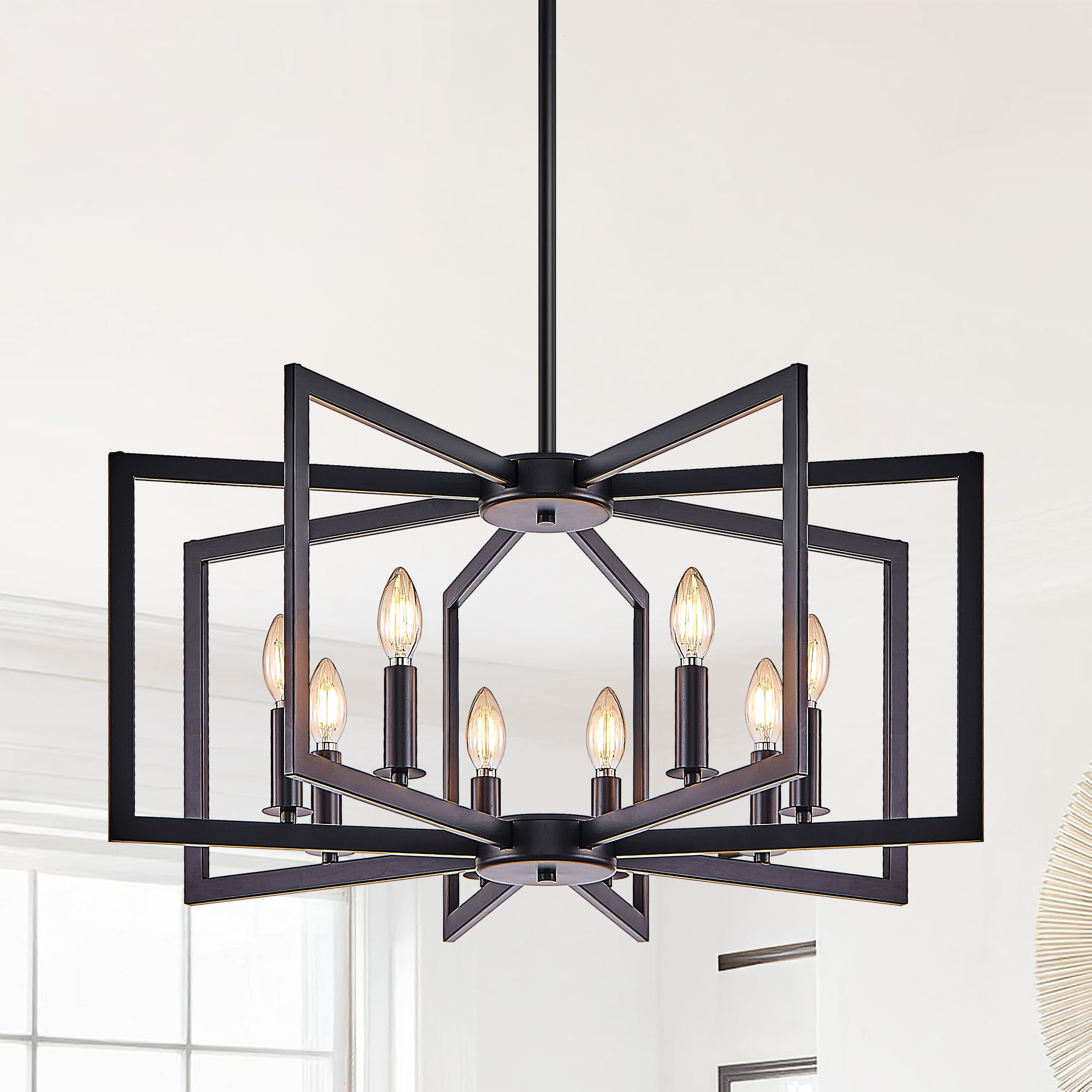 27″ Modern Black Geometric 8-Light Chandelier – Industrial Metal Pendant Light Fixture for Living Room, Dining Room, or Kitchen (Bulb Not Included)