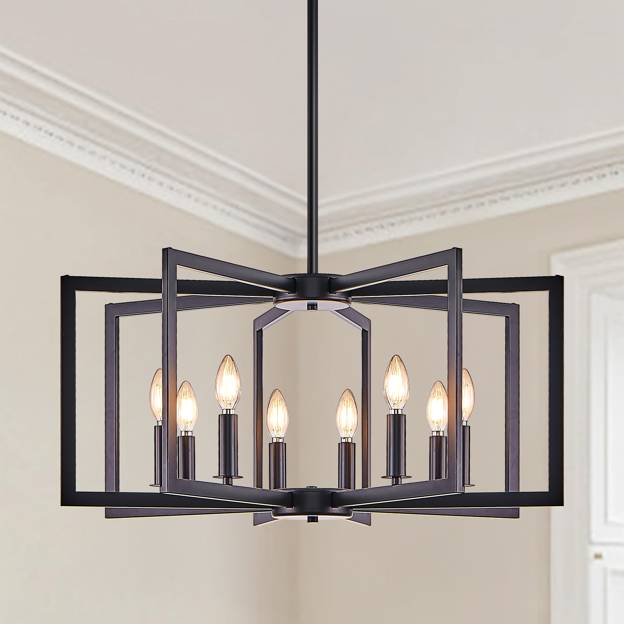 27" Modern Black Geometric 8-Light Chandelier – Industrial Metal Pendant Light Fixture for Living Room, Dining Room, or Kitchen (Bulb Not Included) - Image 2