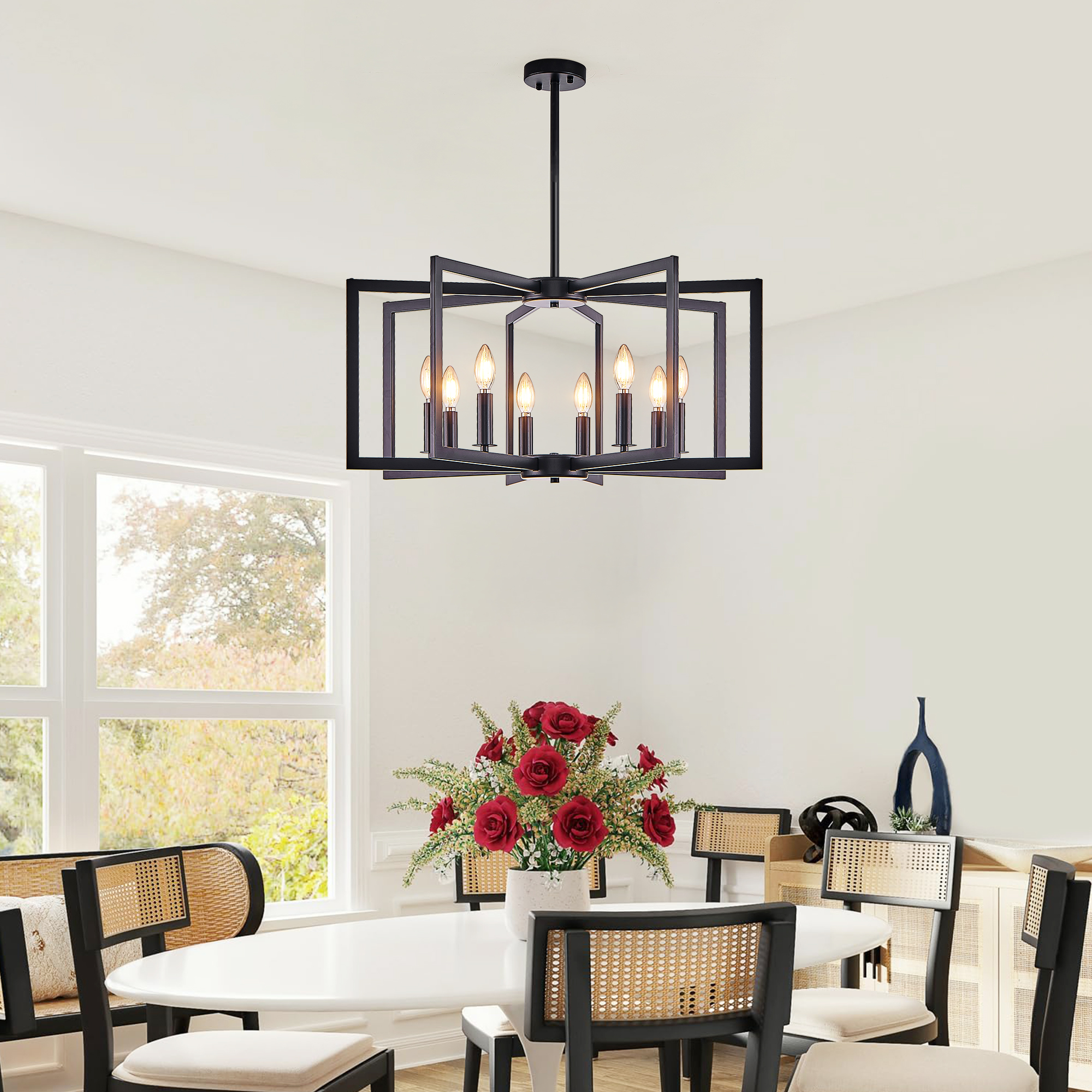 27" Modern Black Geometric 8-Light Chandelier – Industrial Metal Pendant Light Fixture for Living Room, Dining Room, or Kitchen (Bulb Not Included) - Image 3