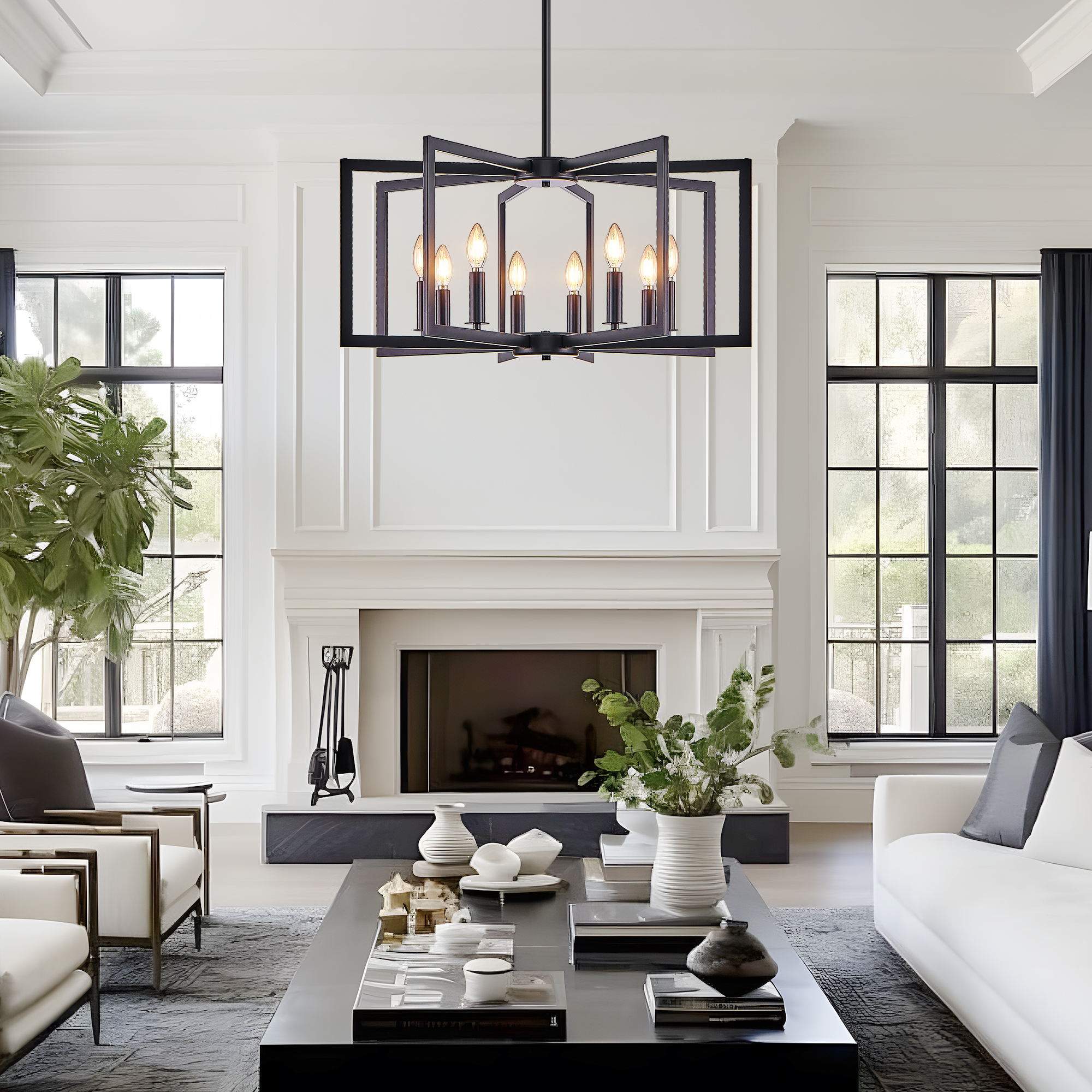 27" Modern Black Geometric 8-Light Chandelier – Industrial Metal Pendant Light Fixture for Living Room, Dining Room, or Kitchen (Bulb Not Included) - Image 4
