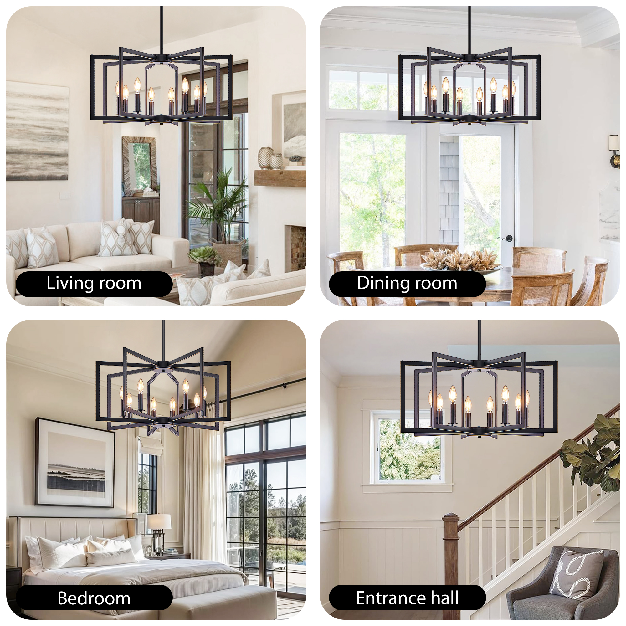 27" Modern Black Geometric 8-Light Chandelier – Industrial Metal Pendant Light Fixture for Living Room, Dining Room, or Kitchen (Bulb Not Included) - Image 6