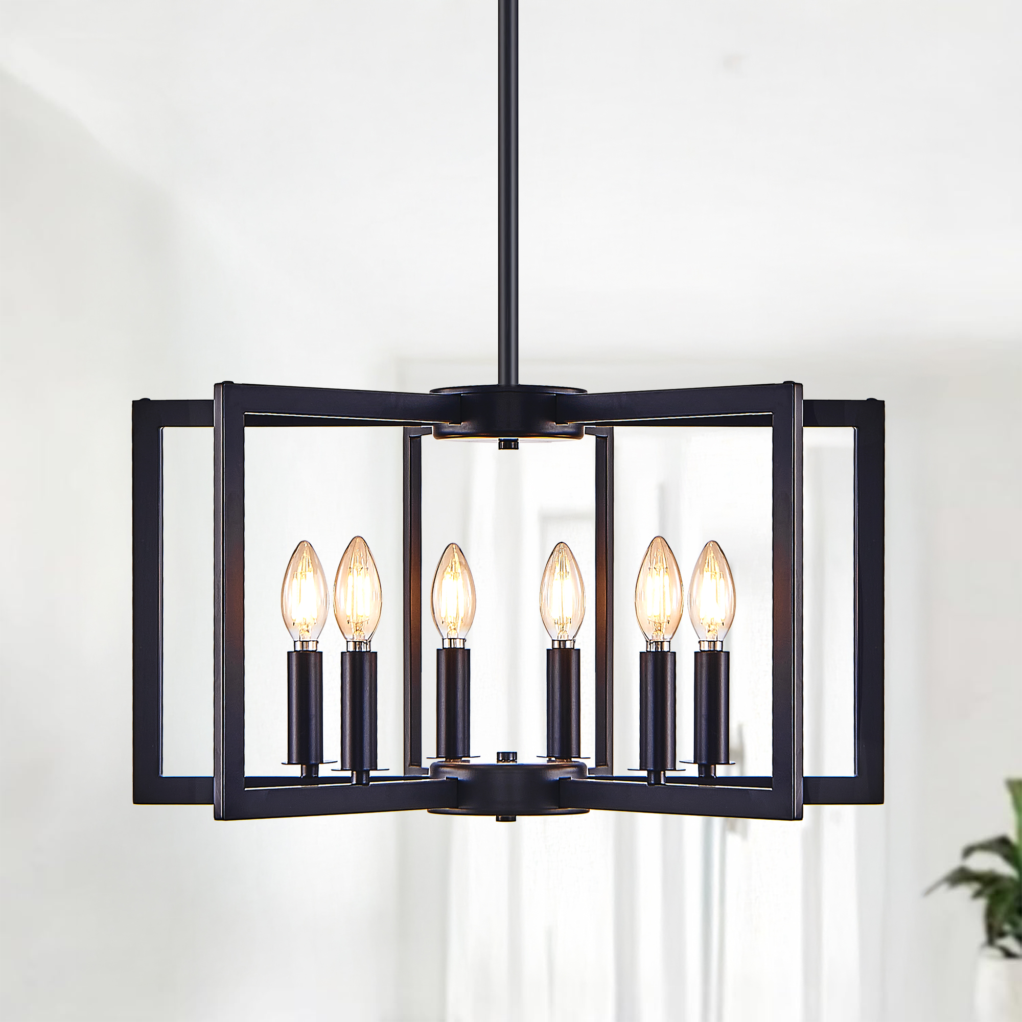 22" Modern Black Geometric 6-Light Chandelier – Industrial Metal Pendant Light Fixture for Living Room, Dining Room, or Kitchen (Bulb Not Included) - Image 2