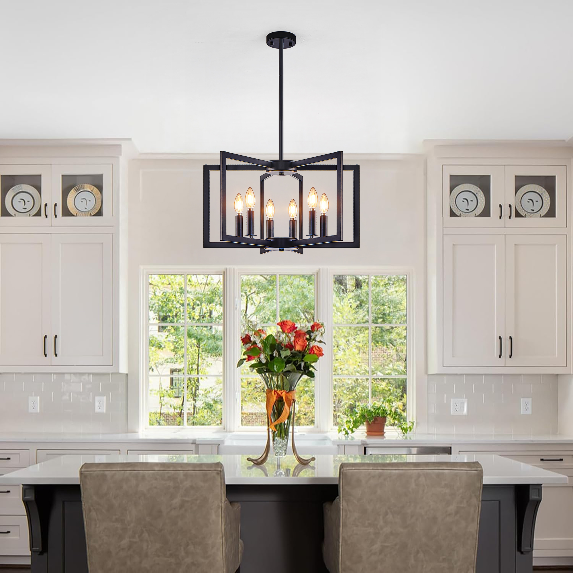 22" Modern Black Geometric 6-Light Chandelier – Industrial Metal Pendant Light Fixture for Living Room, Dining Room, or Kitchen (Bulb Not Included) - Image 3