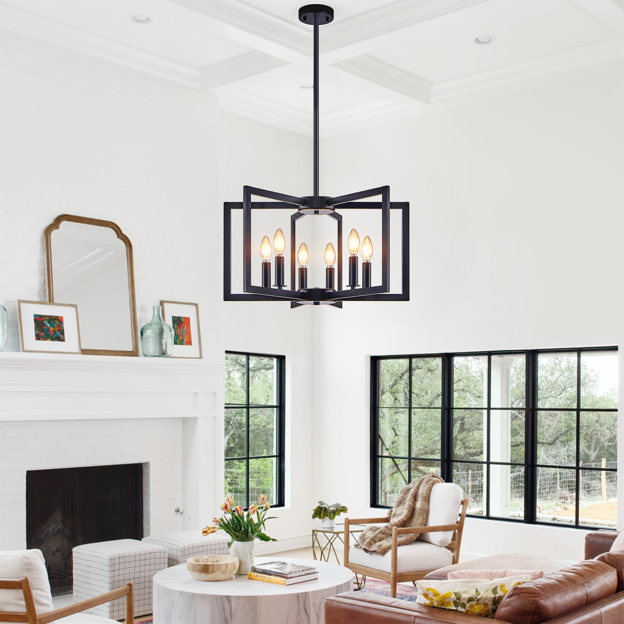 22" Modern Black Geometric 6-Light Chandelier – Industrial Metal Pendant Light Fixture for Living Room, Dining Room, or Kitchen (Bulb Not Included) - Image 4