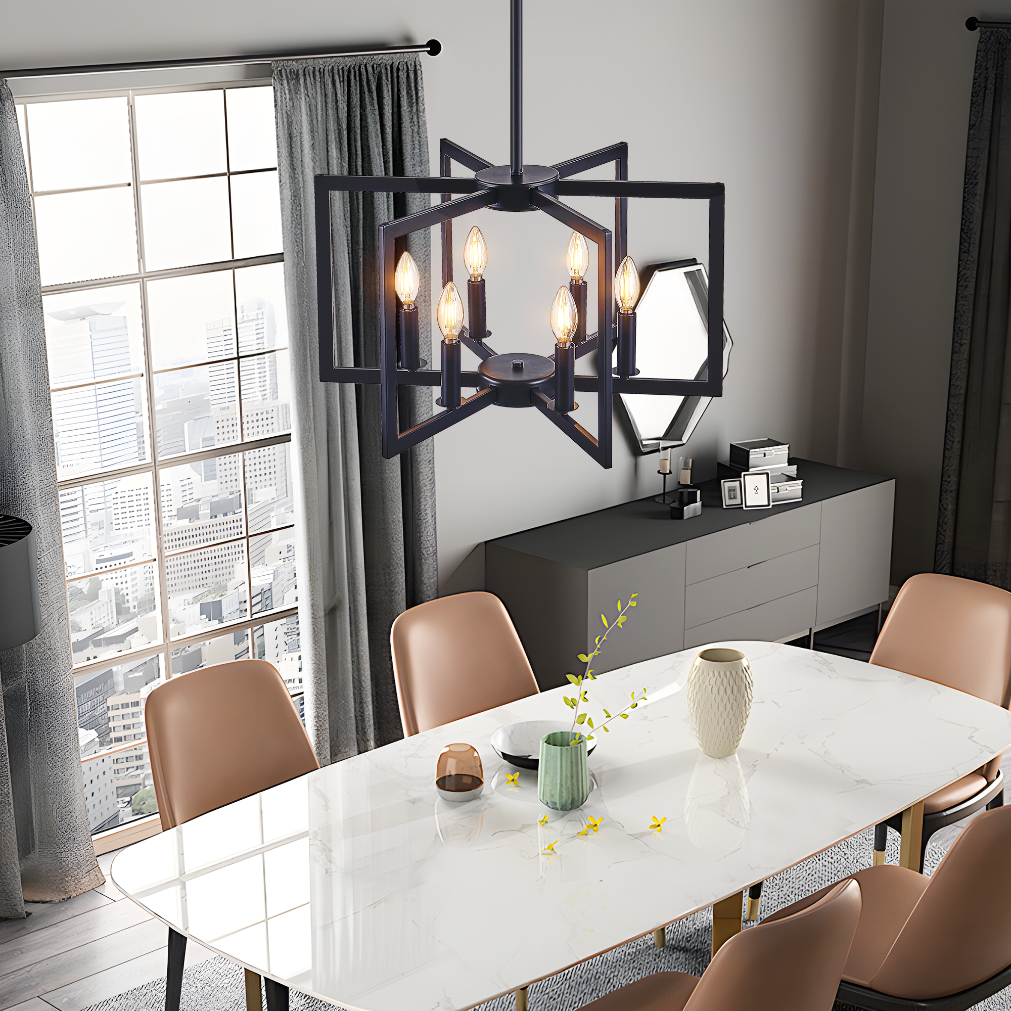 22" Modern Black Geometric 6-Light Chandelier – Industrial Metal Pendant Light Fixture for Living Room, Dining Room, or Kitchen (Bulb Not Included) - Image 5