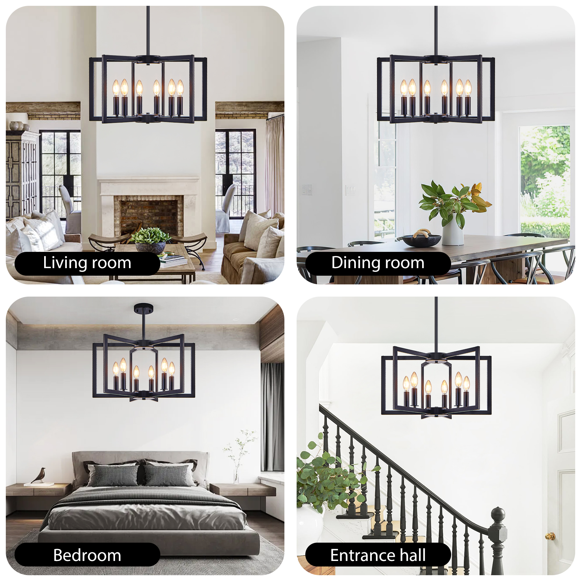 22" Modern Black Geometric 6-Light Chandelier – Industrial Metal Pendant Light Fixture for Living Room, Dining Room, or Kitchen (Bulb Not Included) - Image 6