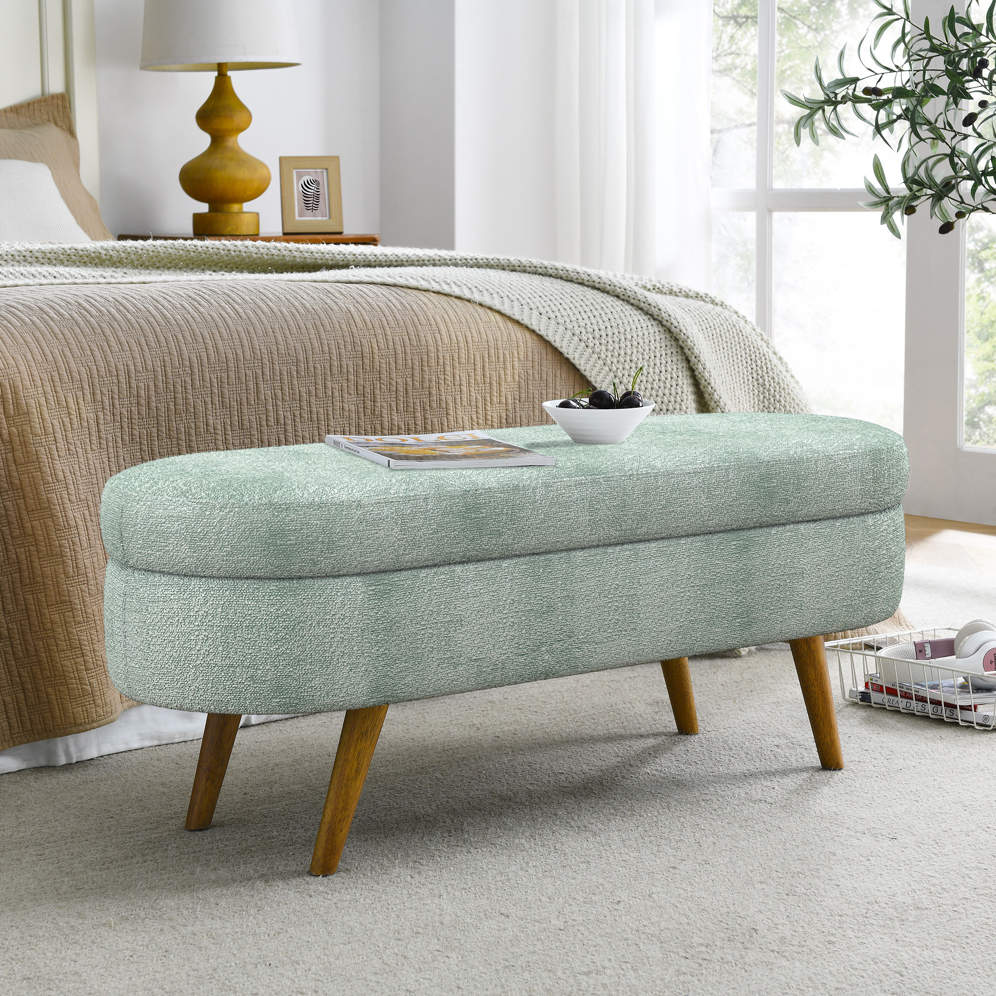 Ottoman Oval Storage Bench,Rubber Wood Legs, Gray (43.5"x16"x16") Cyan - Image 2