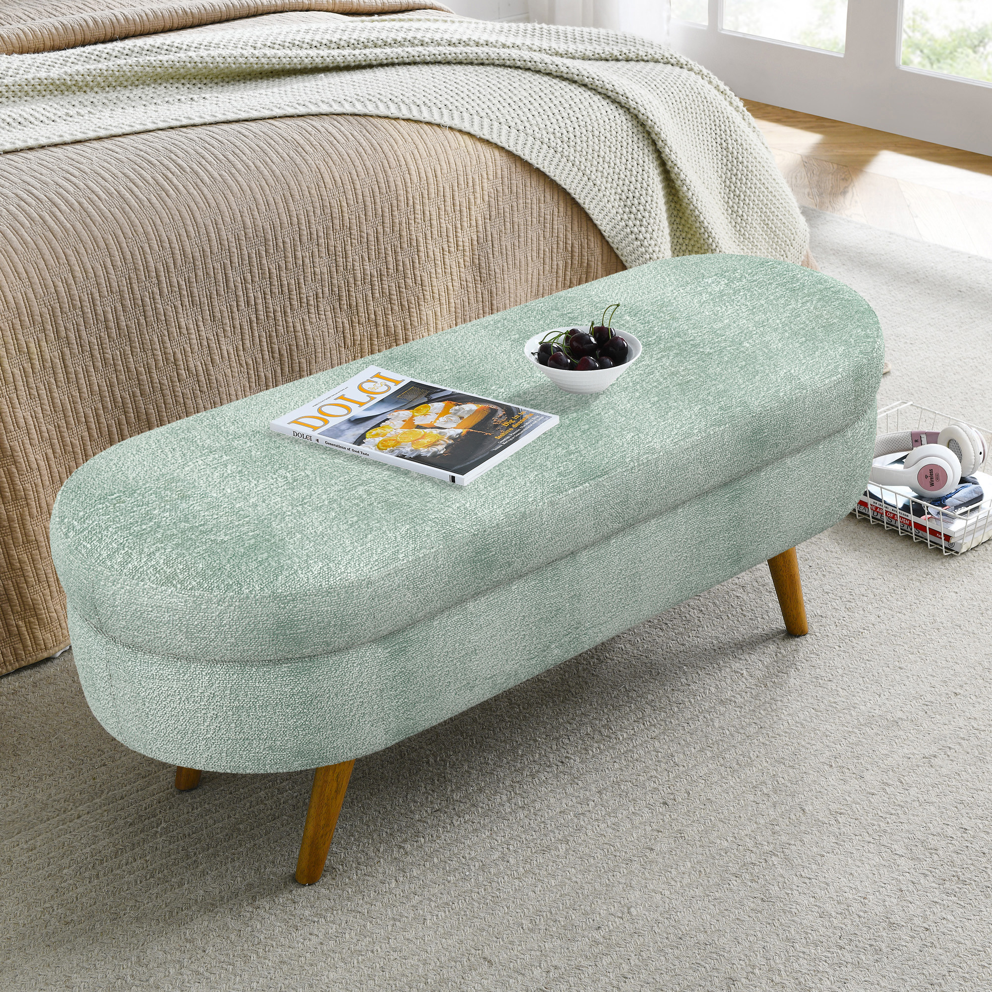 Ottoman Oval Storage Bench,Rubber Wood Legs, Gray (43.5"x16"x16") Cyan - Image 3