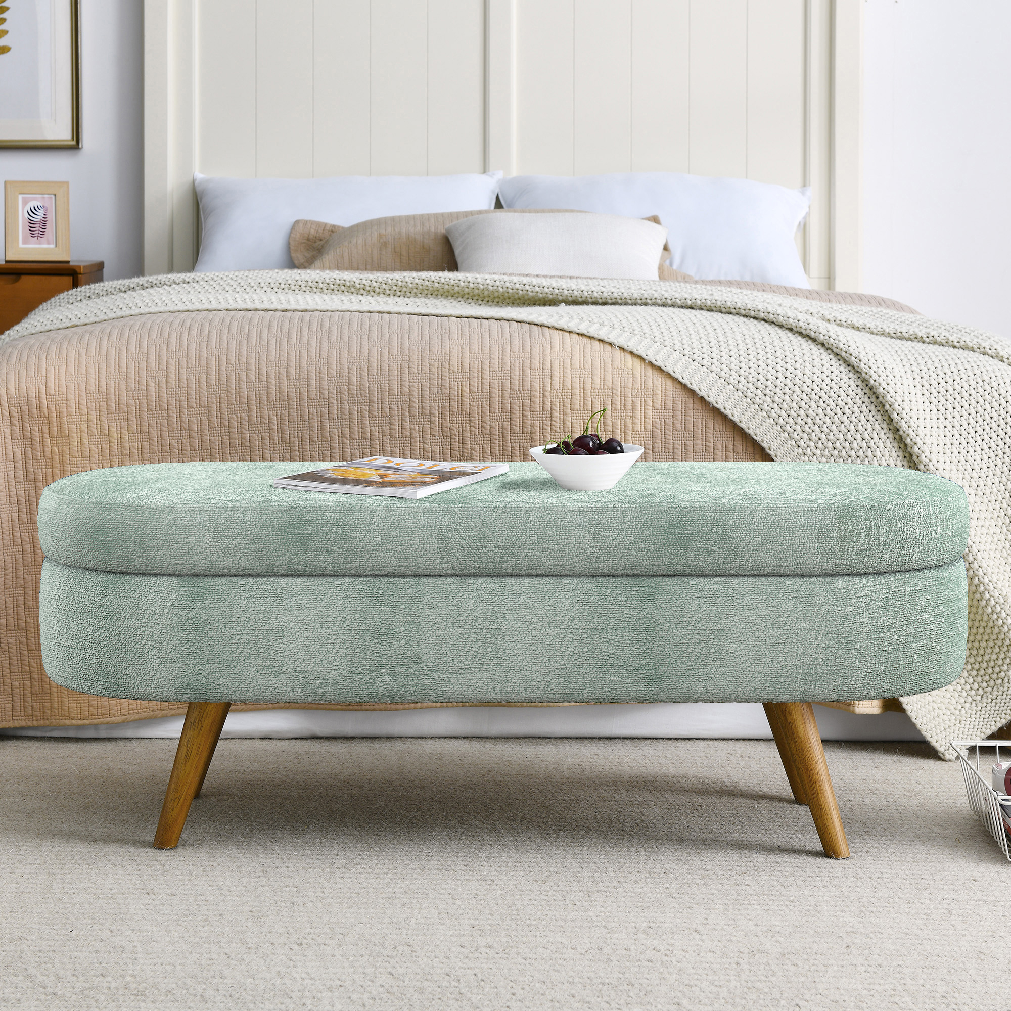 Ottoman Oval Storage Bench,Rubber Wood Legs, Gray (43.5"x16"x16") Cyan - Image 4