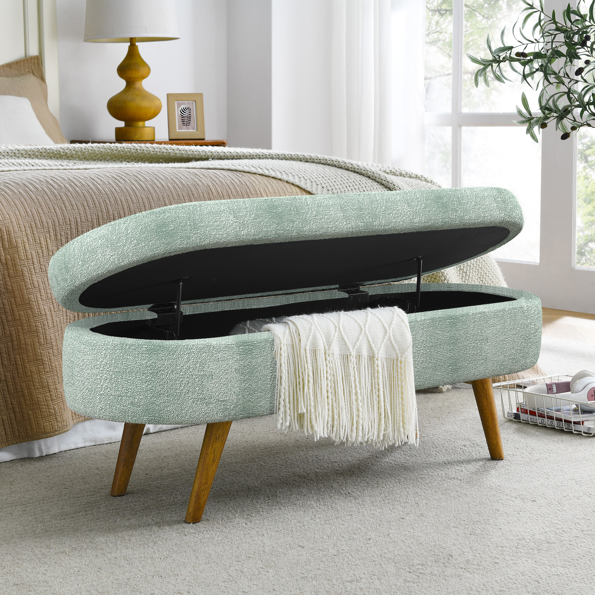 Ottoman Oval Storage Bench,Rubber Wood Legs, Gray (43.5"x16"x16") Cyan - Image 5