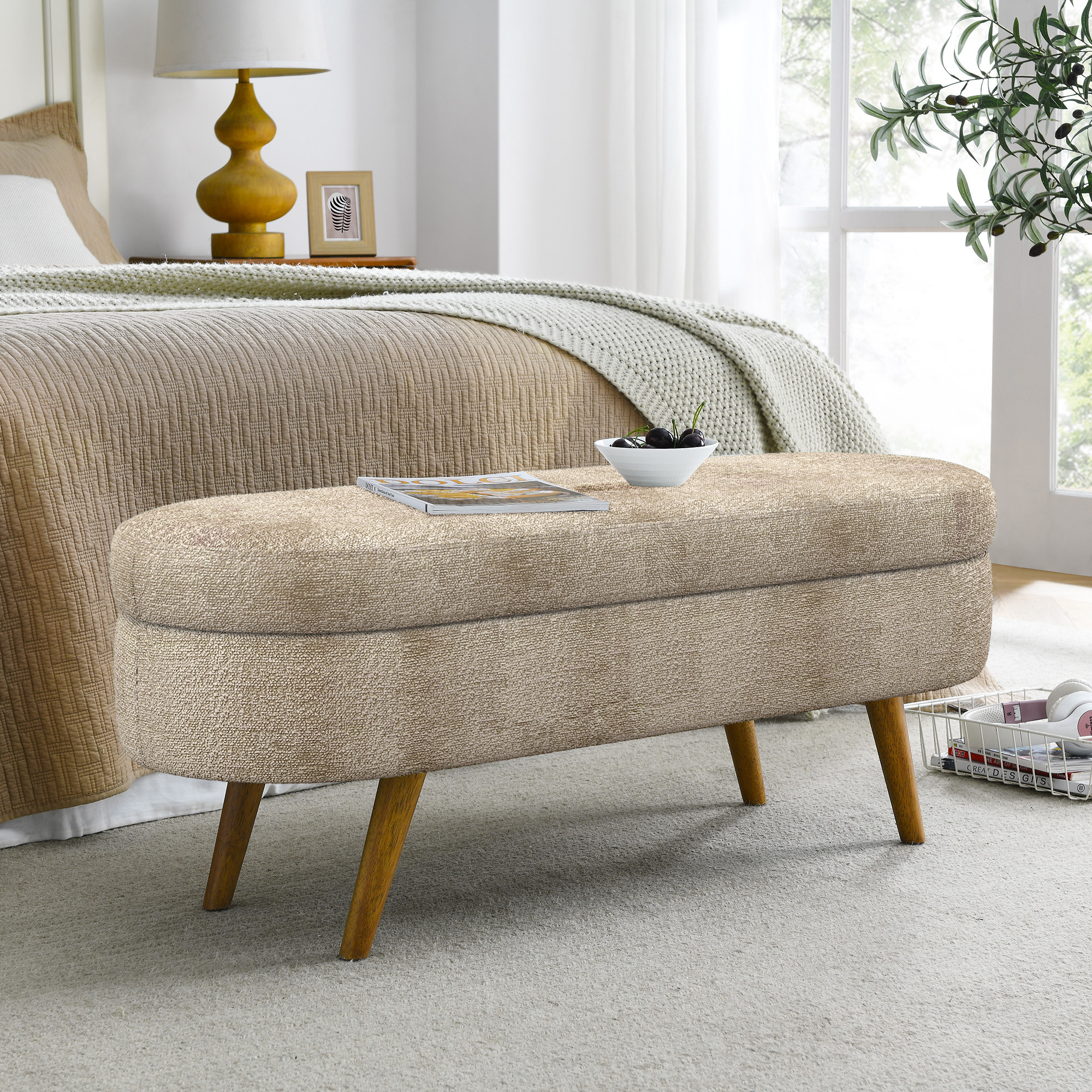 Ottoman Oval Storage Bench,Rubber Wood Legs, Gray (43.5"x16"x16")Brown - Image 2