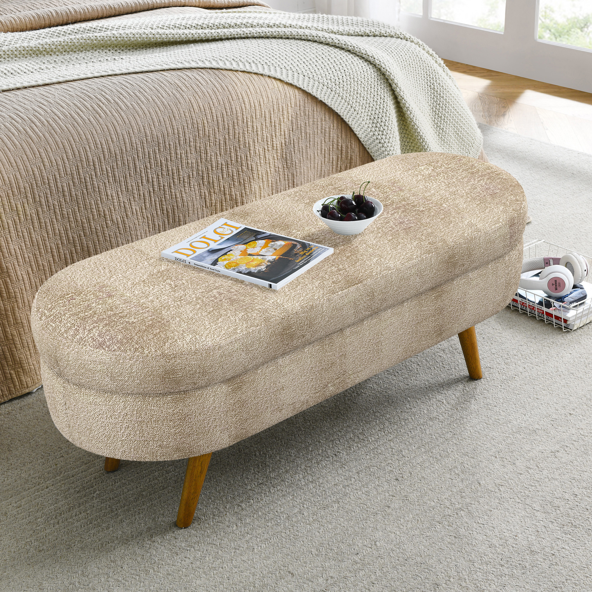 Ottoman Oval Storage Bench,Rubber Wood Legs, Gray (43.5"x16"x16")Brown - Image 3