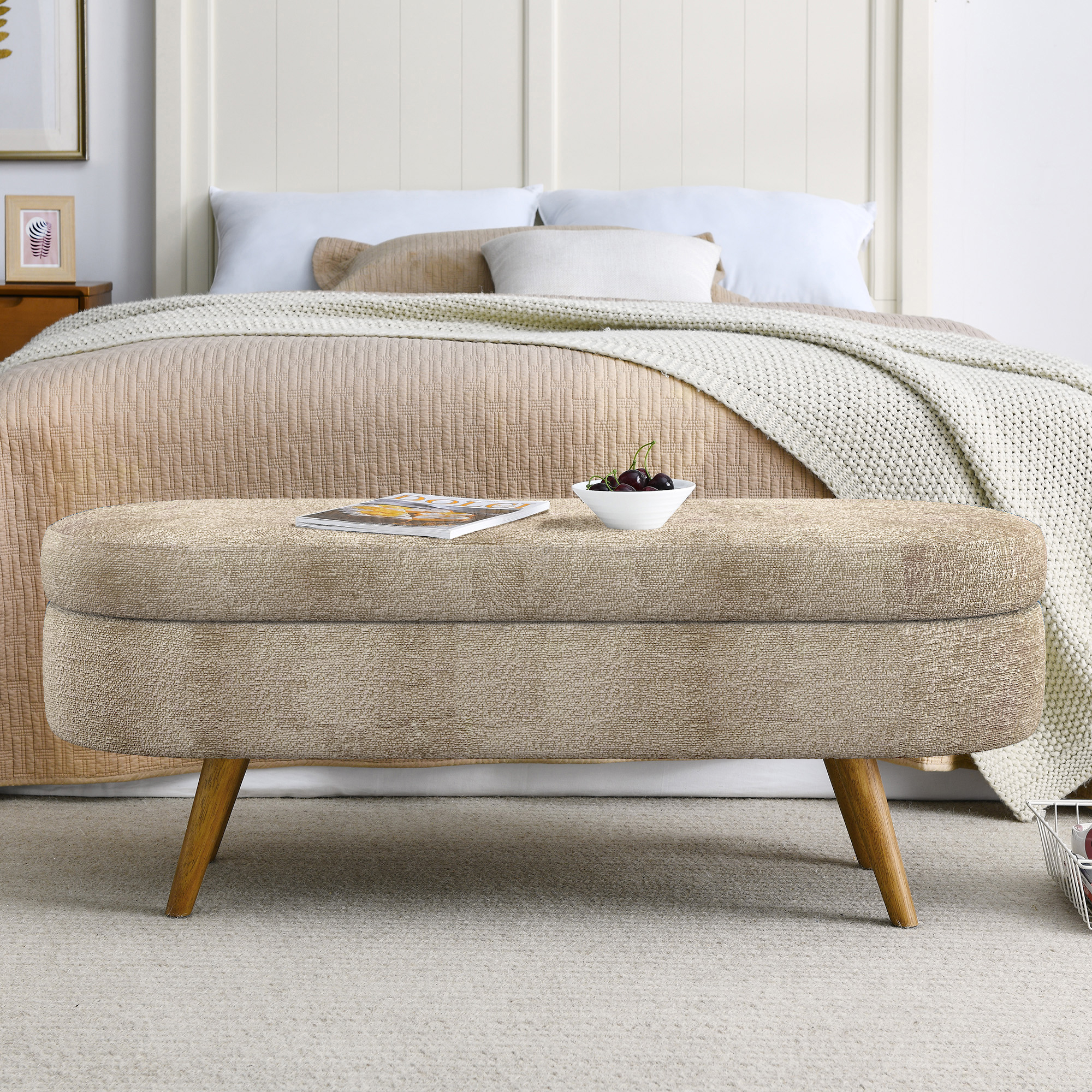 Ottoman Oval Storage Bench,Rubber Wood Legs, Gray (43.5"x16"x16")Brown - Image 4
