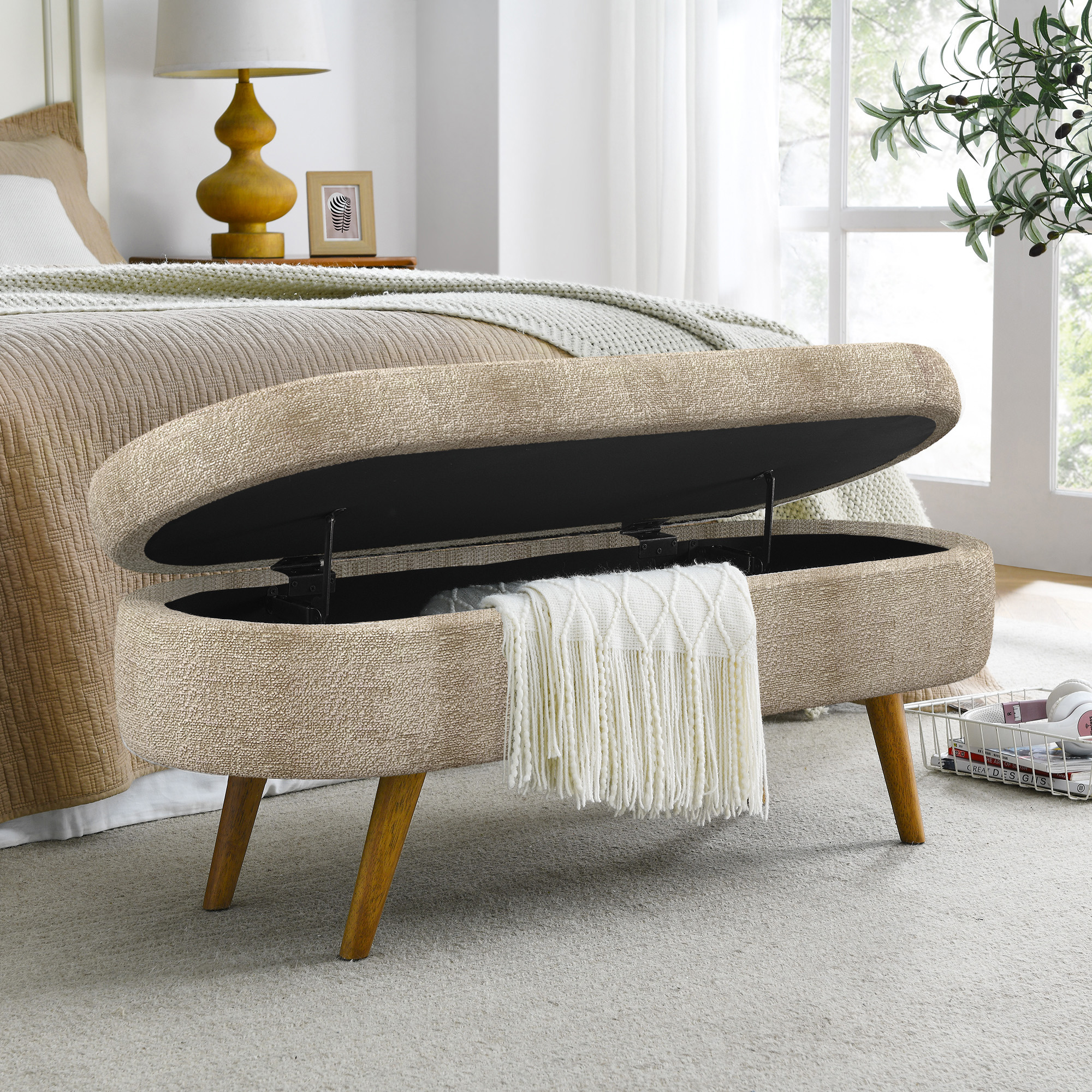 Ottoman Oval Storage Bench,Rubber Wood Legs, Gray (43.5"x16"x16")Brown - Image 5