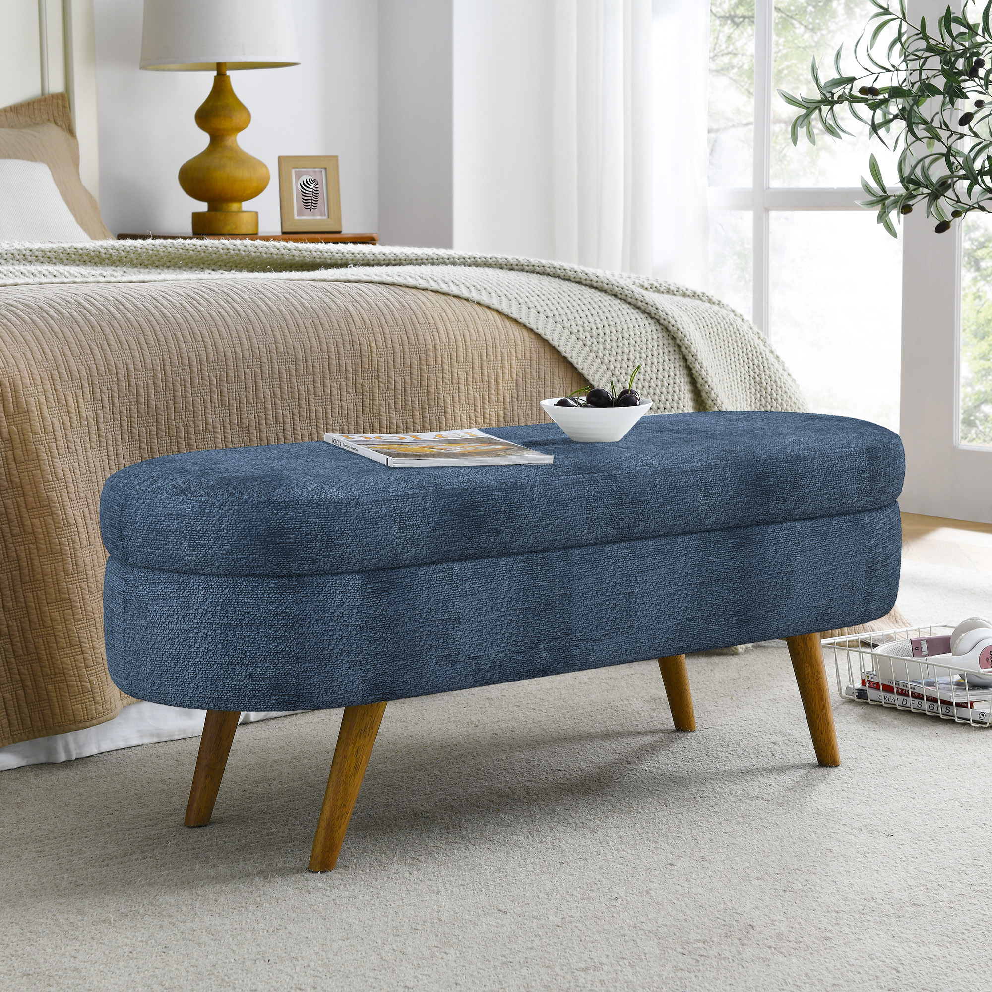 Ottoman Oval Storage Bench,Rubber Wood Legs, Gray (43.5"x16"x16")Dark Blue - Image 2