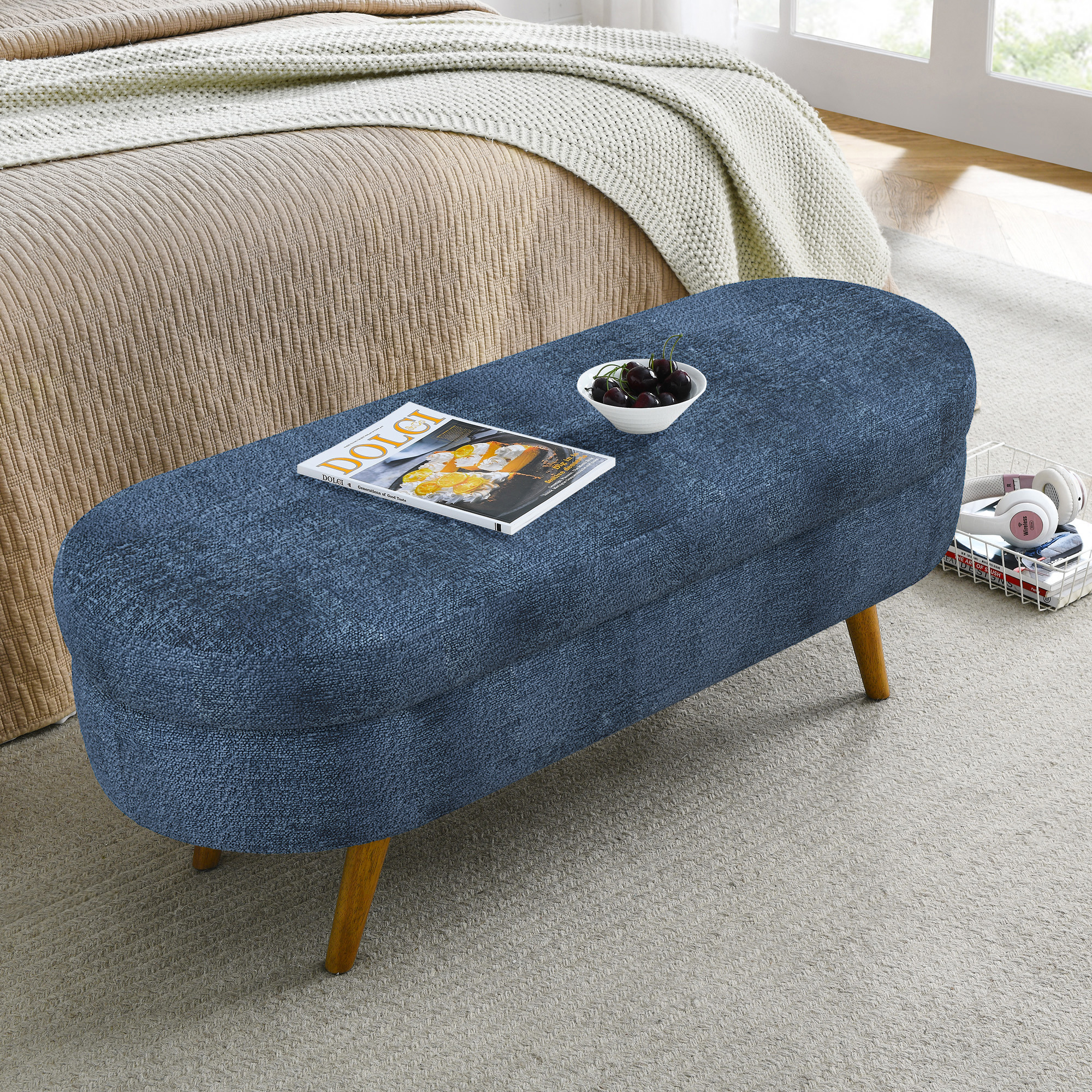 Ottoman Oval Storage Bench,Rubber Wood Legs, Gray (43.5"x16"x16")Dark Blue - Image 3