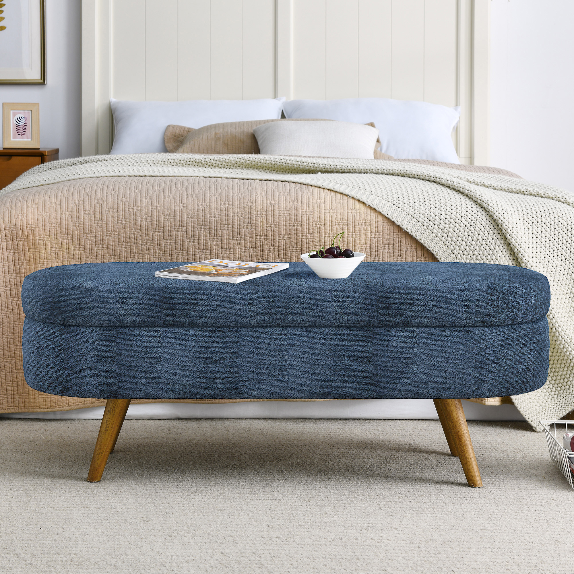 Ottoman Oval Storage Bench,Rubber Wood Legs, Gray (43.5"x16"x16")Dark Blue - Image 4