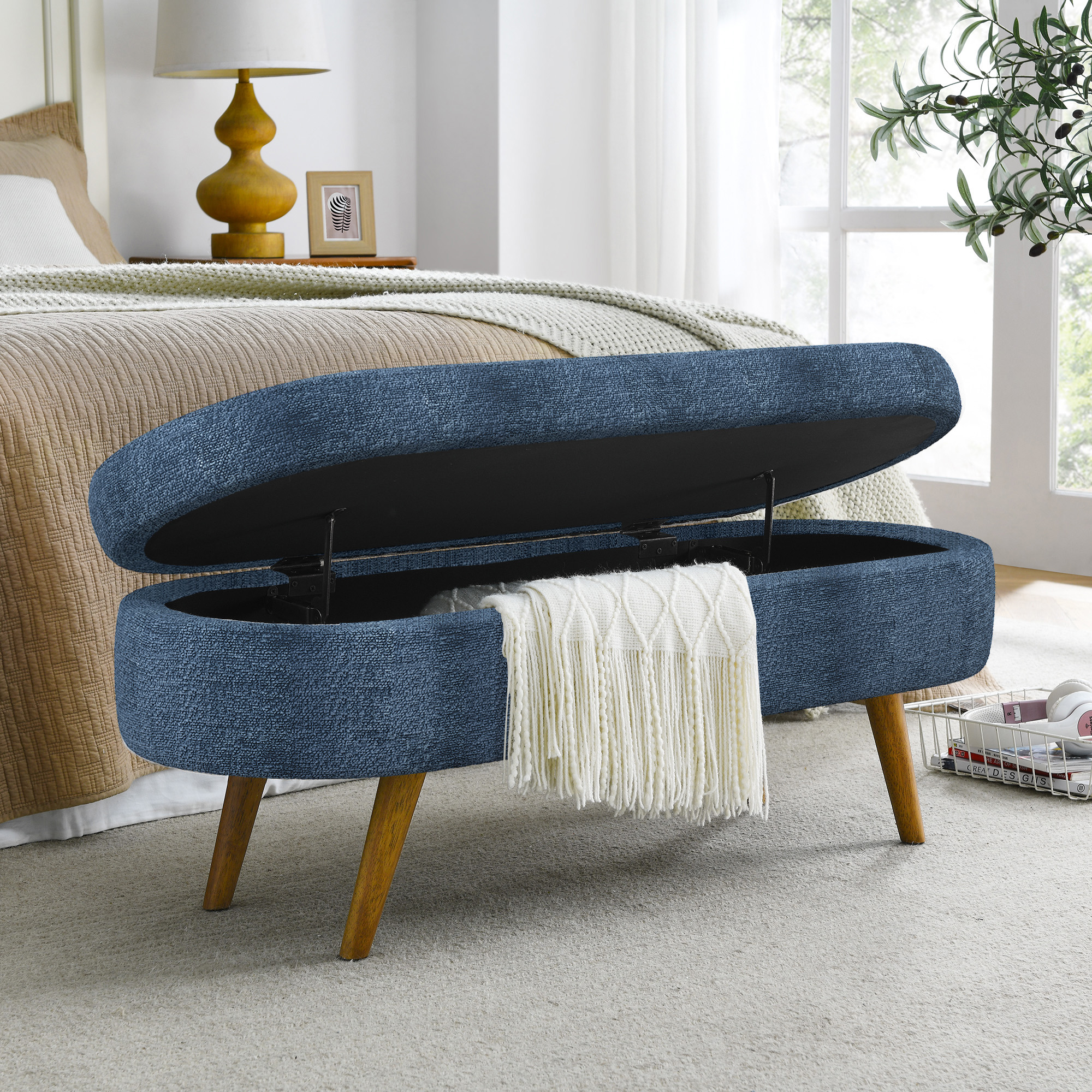 Ottoman Oval Storage Bench,Rubber Wood Legs, Gray (43.5"x16"x16")Dark Blue - Image 5