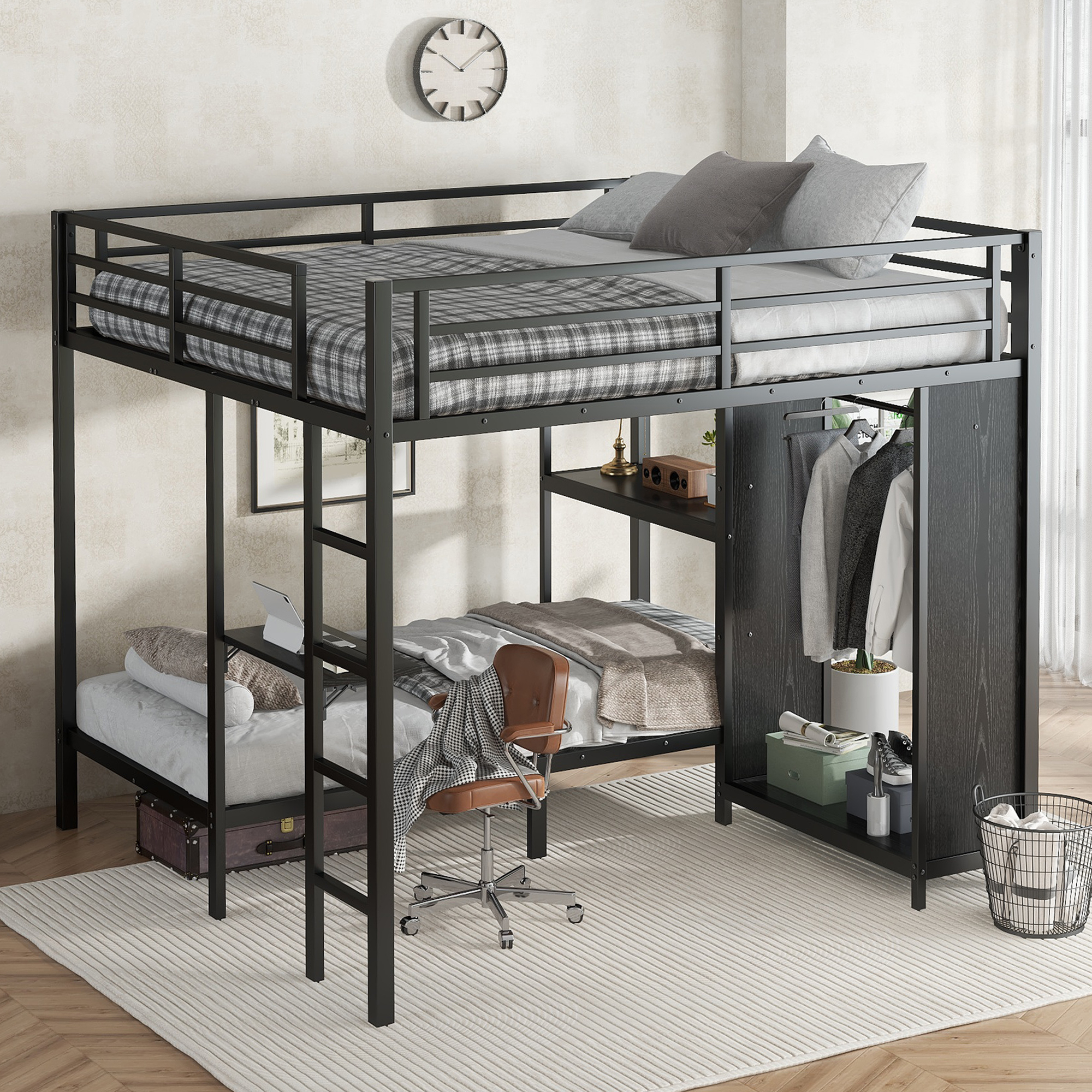 King over Twin XL Size Bunk Bed Frame with Built-in Wardrobe, Metal Bunk Bed with Foldable Desk and, Black - Image 2