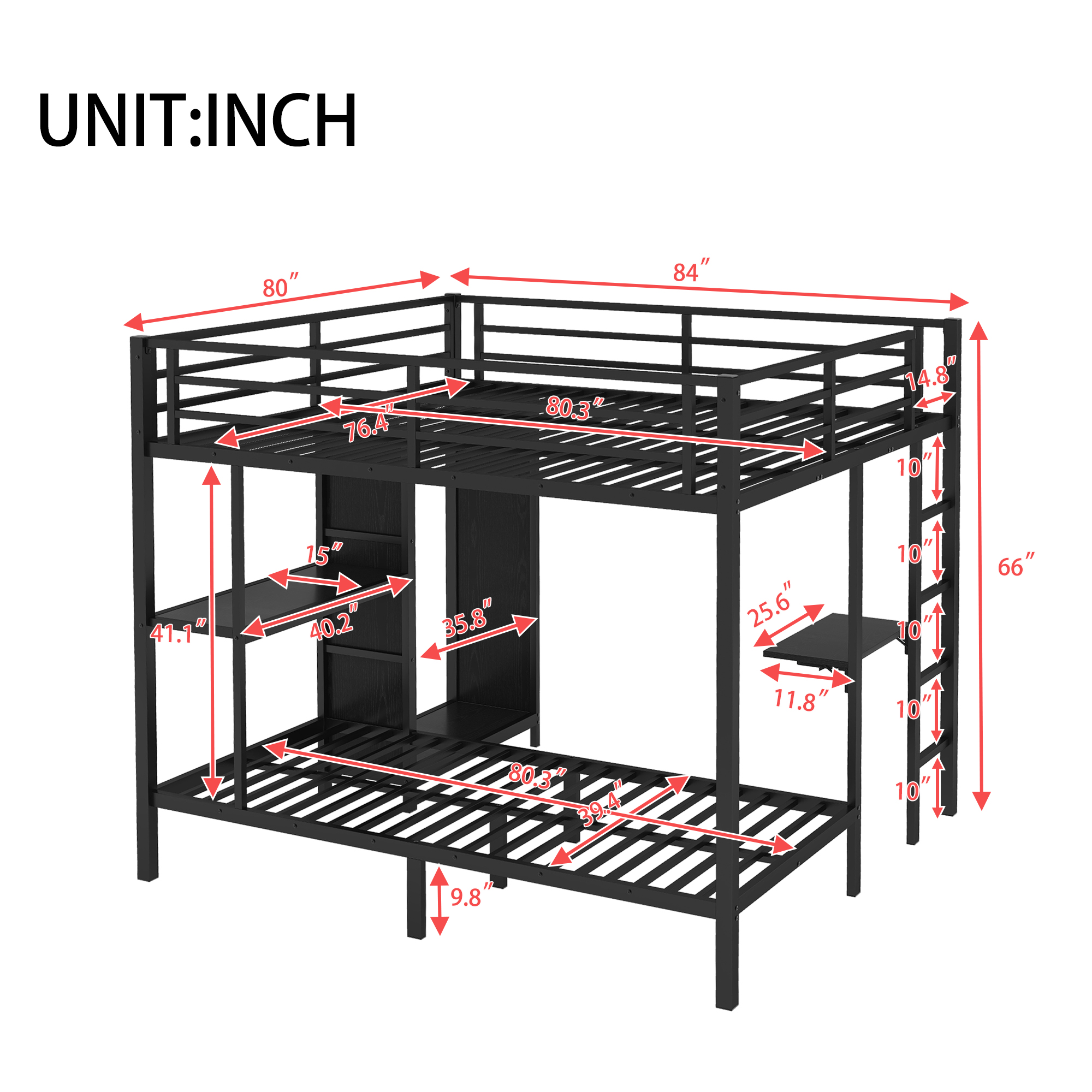 King over Twin XL Size Bunk Bed Frame with Built-in Wardrobe, Metal Bunk Bed with Foldable Desk and, Black - Image 3