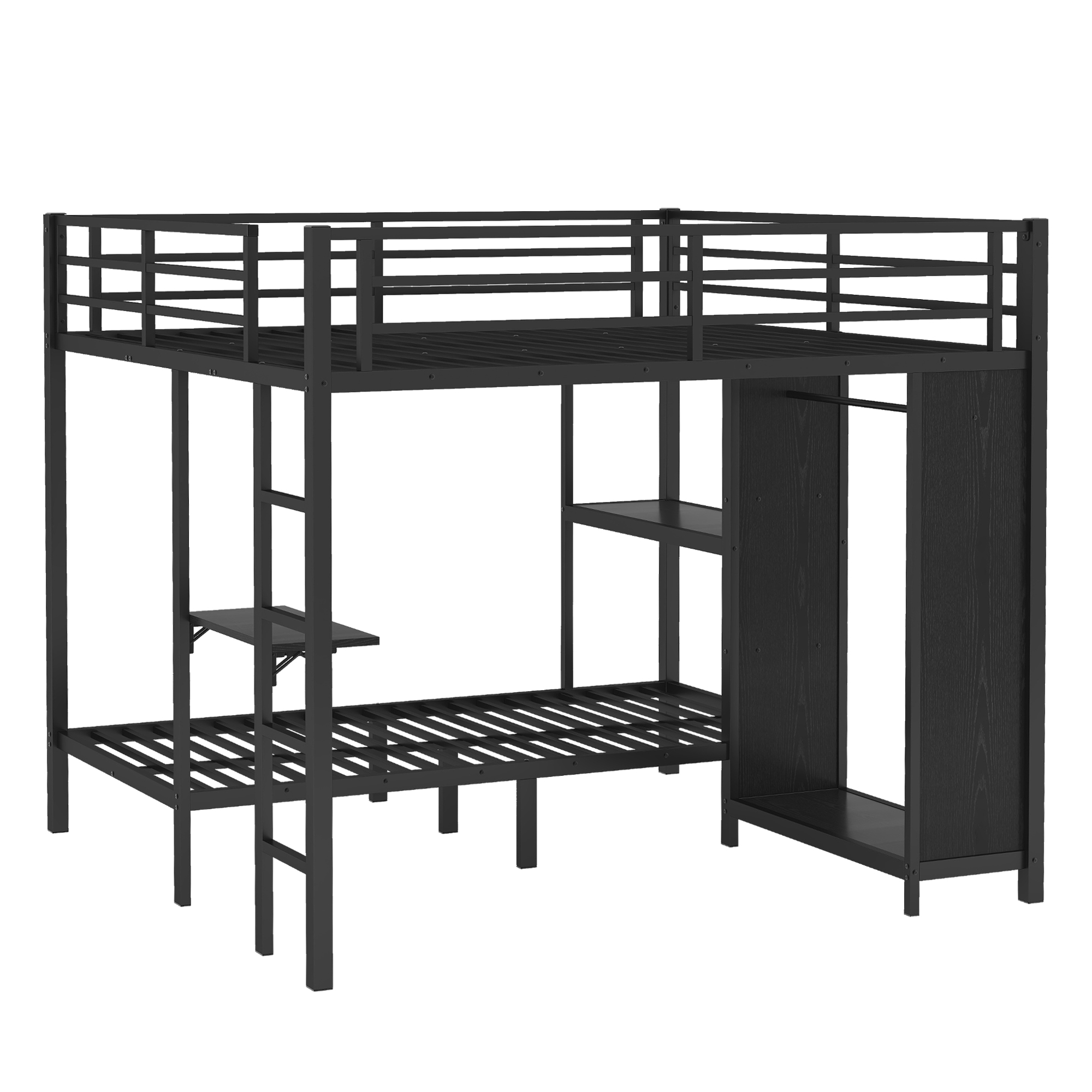 King over Twin XL Size Bunk Bed Frame with Built-in Wardrobe, Metal Bunk Bed with Foldable Desk and, Black - Image 4