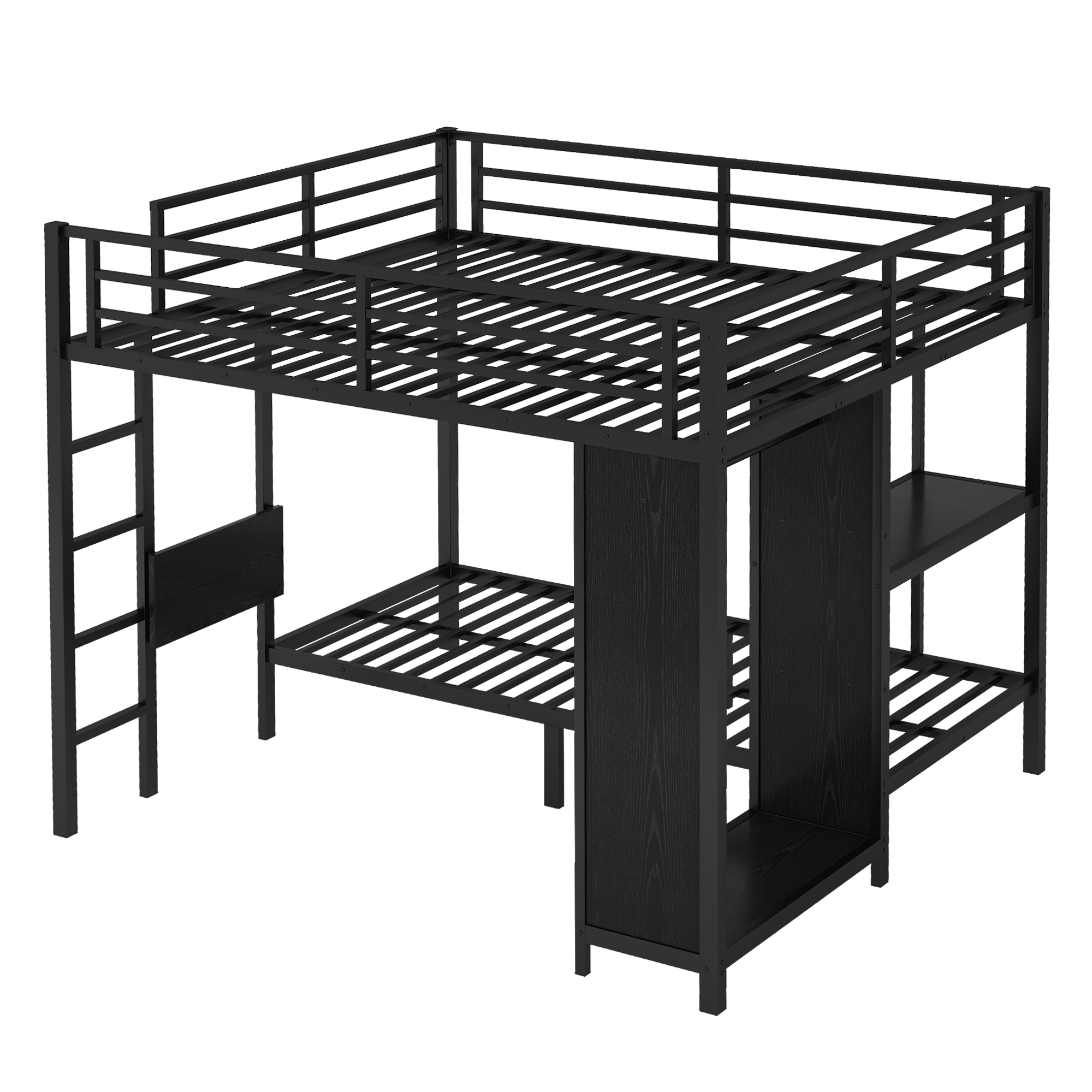 King over Twin XL Size Bunk Bed Frame with Built-in Wardrobe, Metal Bunk Bed with Foldable Desk and, Black - Image 5