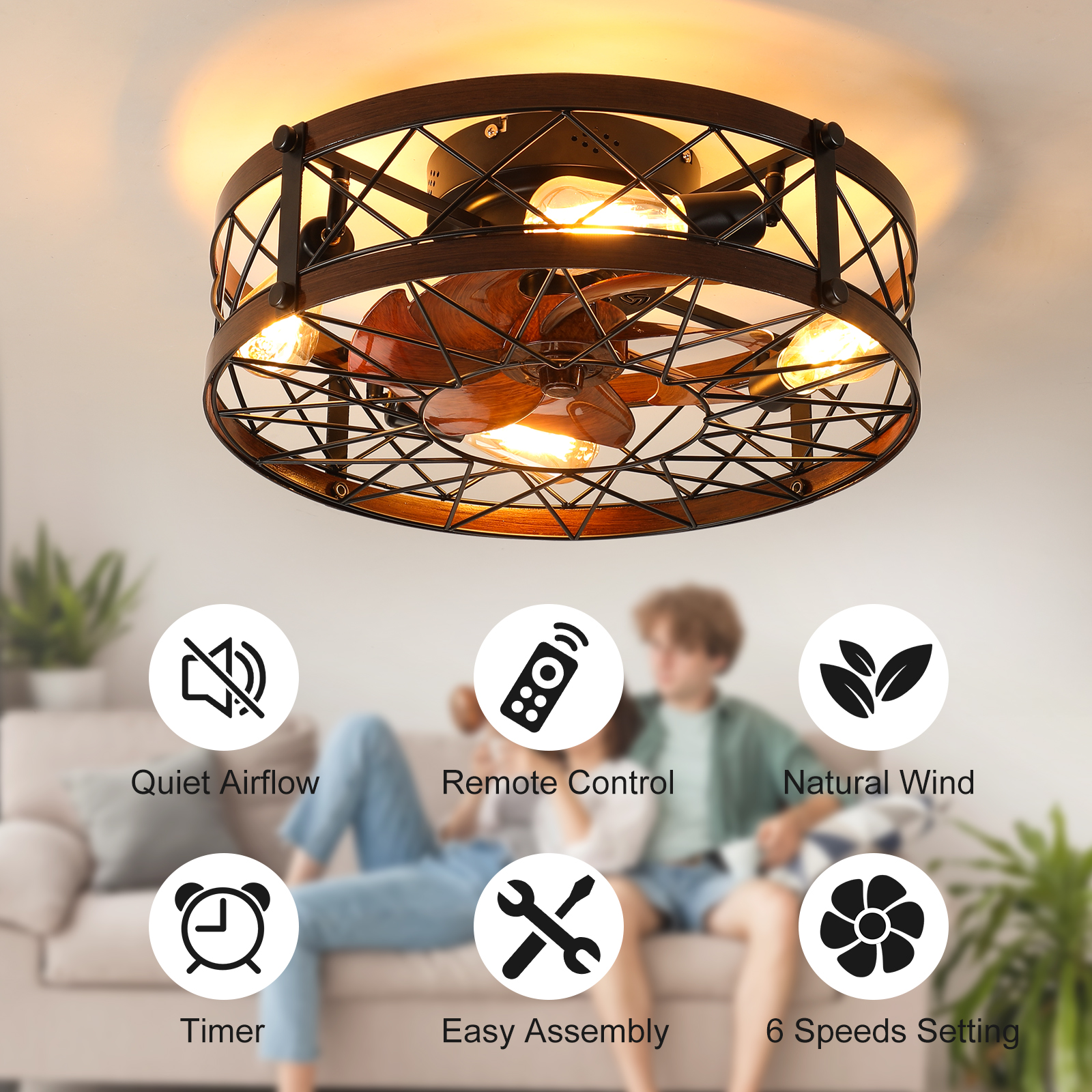 Caged Ceiling Fans with Lights Black, 20 inch Flush Mount Ceiling Fan Light, Farmhouse Small Ceiling Fan with Light Fixture, Reversible Fan for Bedroom (Including E26 bulbs) - Image 2