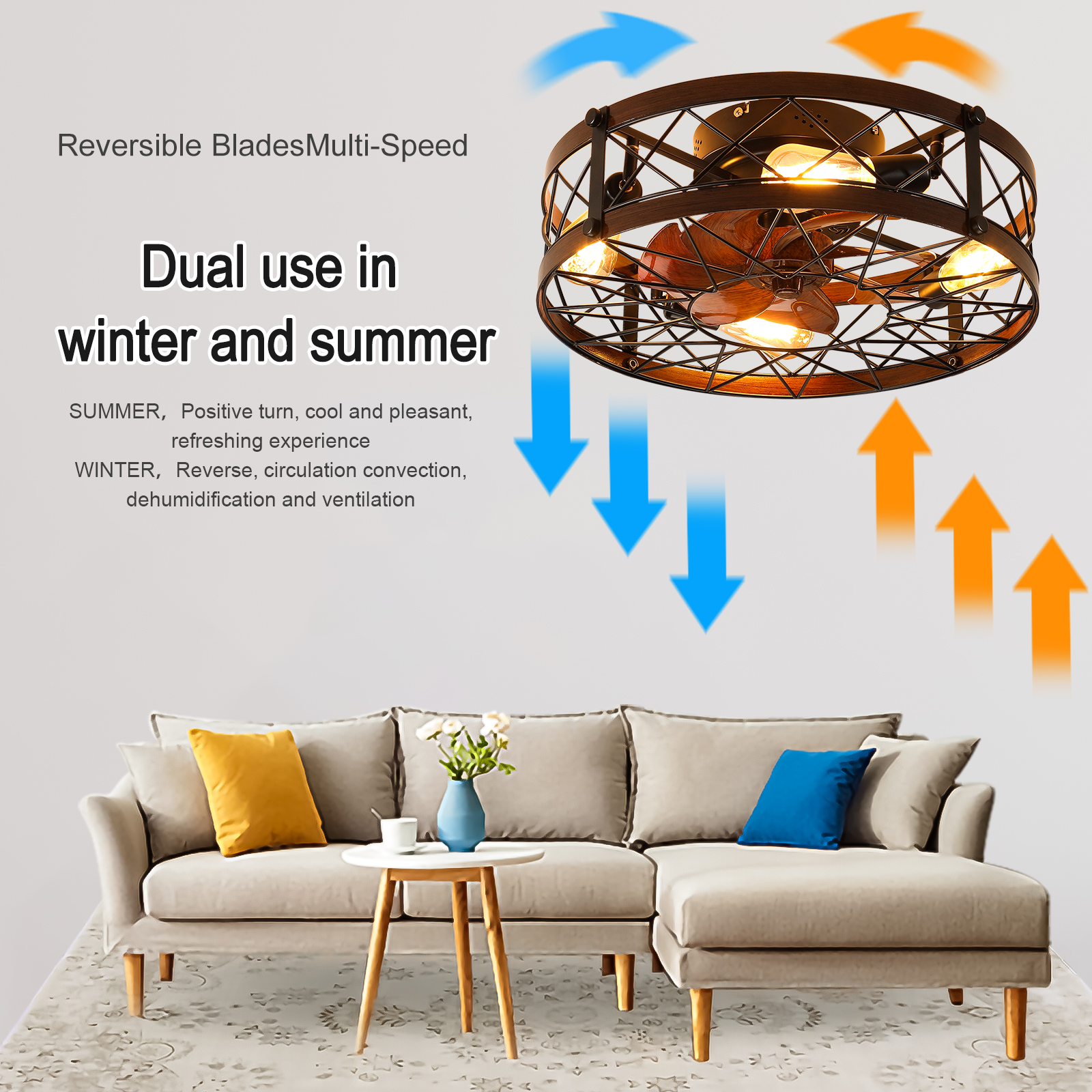 Caged Ceiling Fans with Lights Black, 20 inch Flush Mount Ceiling Fan Light, Farmhouse Small Ceiling Fan with Light Fixture, Reversible Fan for Bedroom (Including E26 bulbs) - Image 3