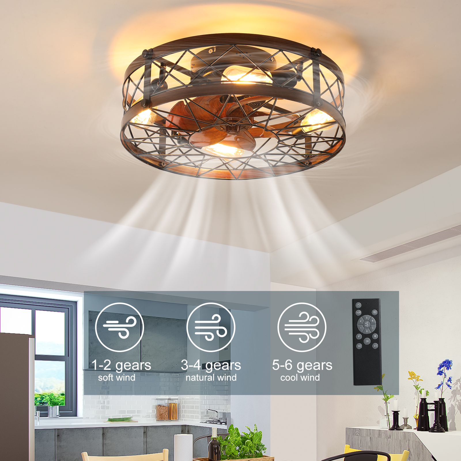 Caged Ceiling Fans with Lights Black, 20 inch Flush Mount Ceiling Fan Light, Farmhouse Small Ceiling Fan with Light Fixture, Reversible Fan for Bedroom (Including E26 bulbs) - Image 5