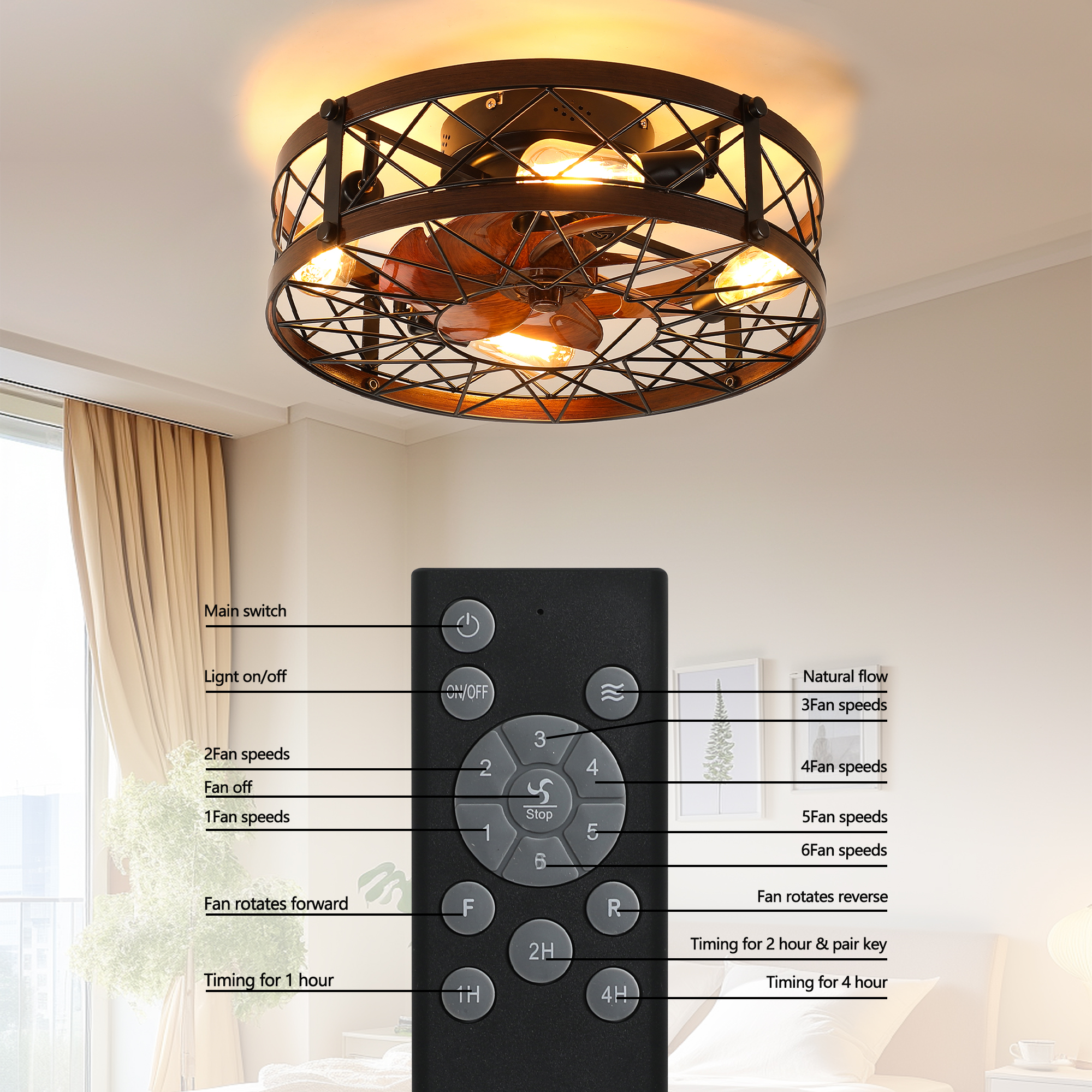 Caged Ceiling Fans with Lights Black, 20 inch Flush Mount Ceiling Fan Light, Farmhouse Small Ceiling Fan with Light Fixture, Reversible Fan for Bedroom (Including E26 bulbs) - Image 6