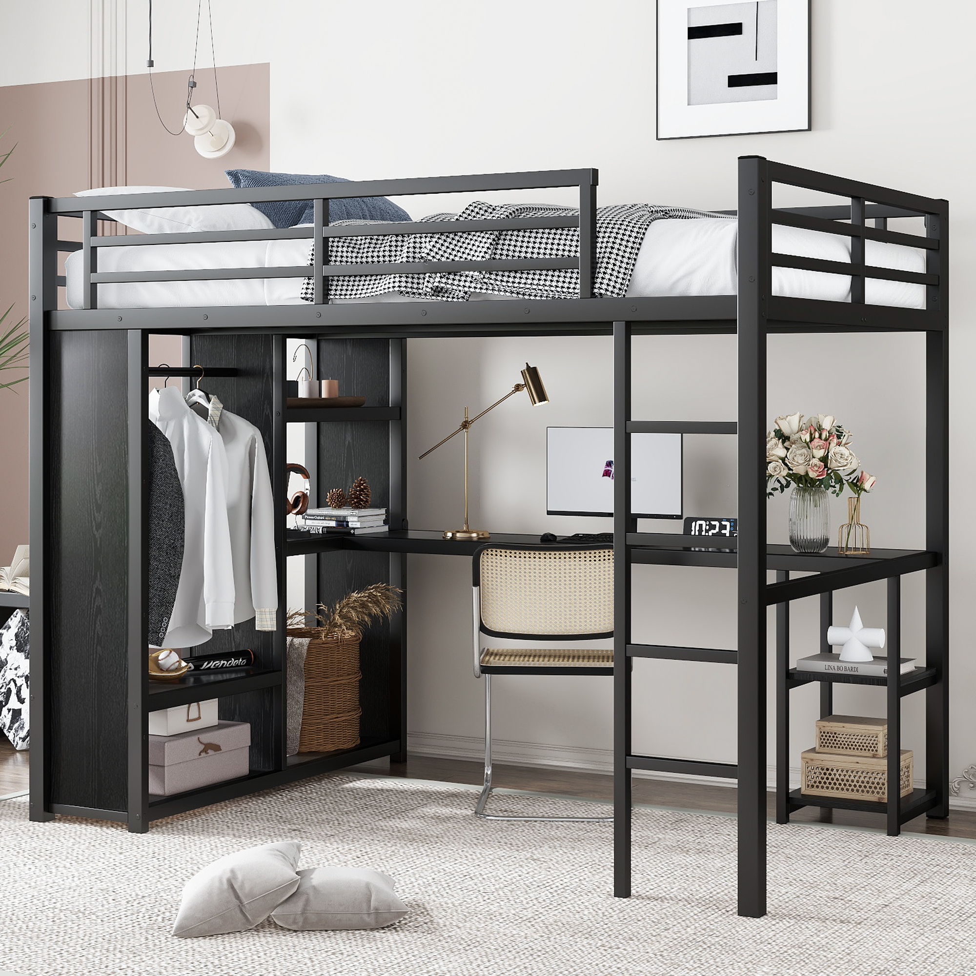 Full Size Loft Bed Frame with Built-in Wardrobe, Metal Loft Bed with Desk and Storage Shelves, Black - Image 1