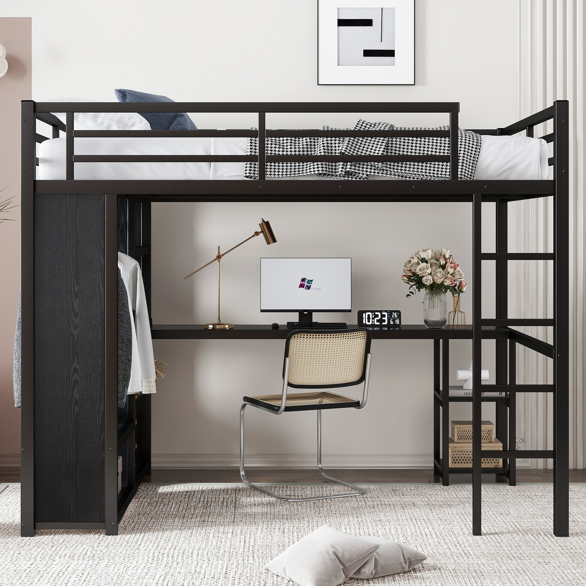 Full Size Loft Bed Frame with Built-in Wardrobe, Metal Loft Bed with Desk and Storage Shelves, Black - Image 2