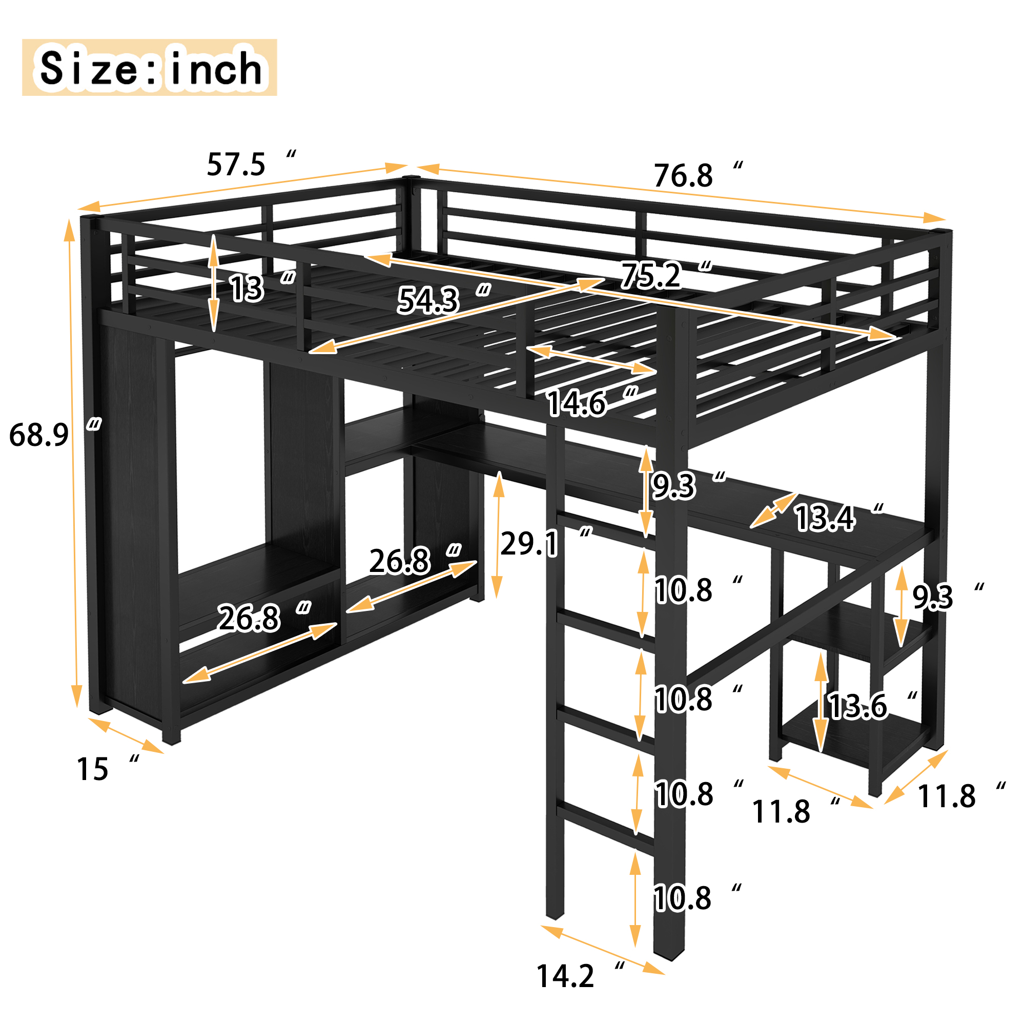 Full Size Loft Bed Frame with Built-in Wardrobe, Metal Loft Bed with Desk and Storage Shelves, Black - Image 3