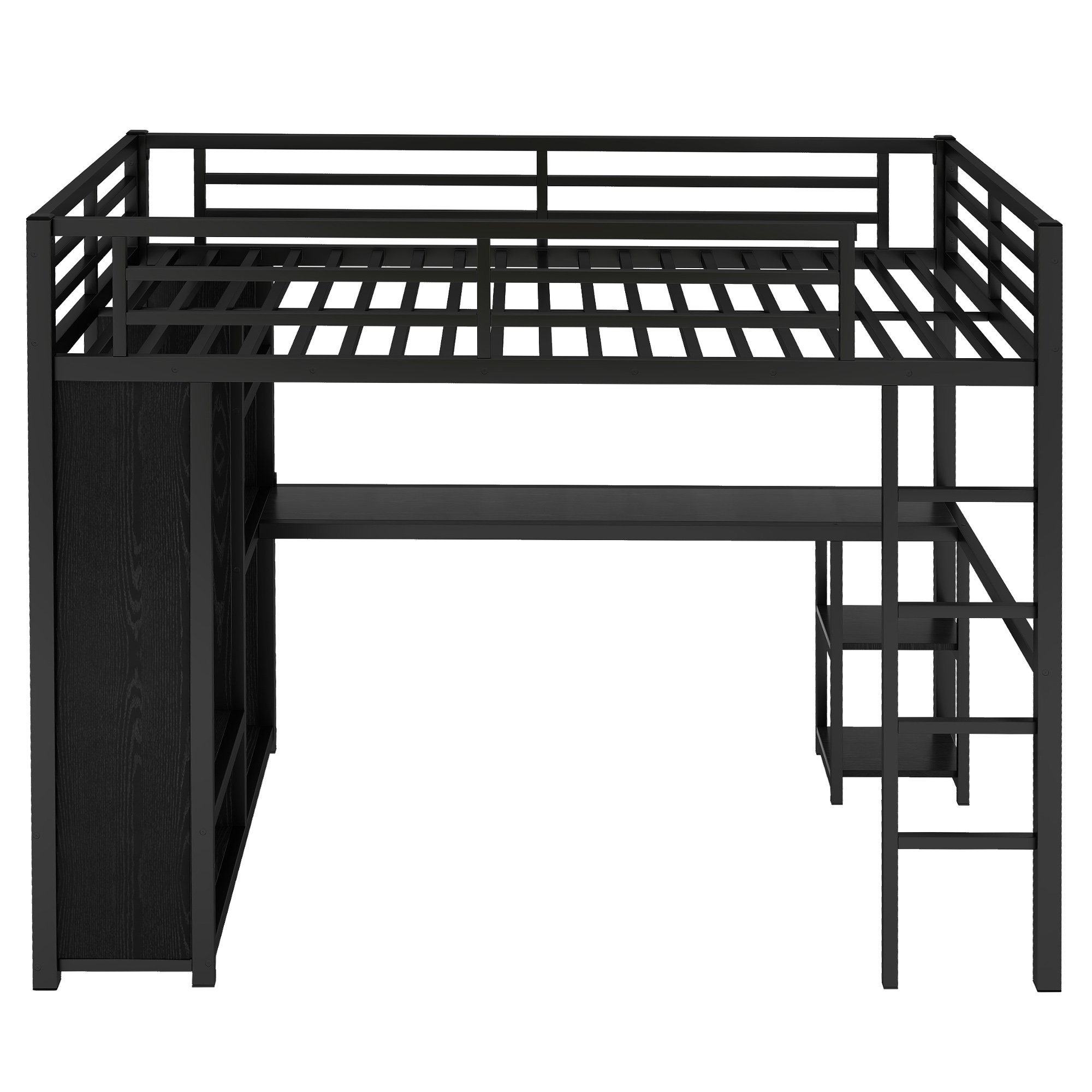 Full Size Loft Bed Frame with Built-in Wardrobe, Metal Loft Bed with Desk and Storage Shelves, Black - Image 4