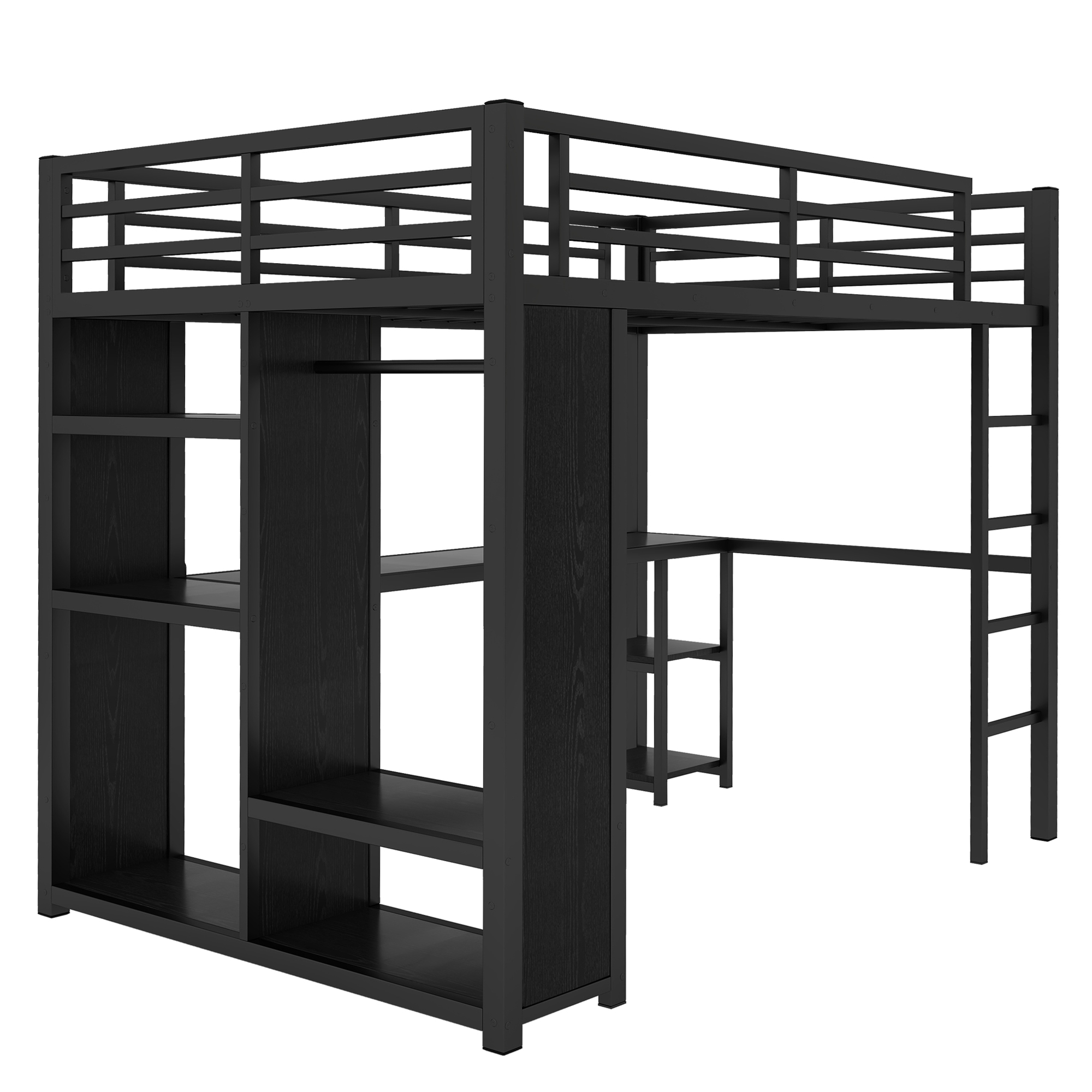 Full Size Loft Bed Frame with Built-in Wardrobe, Metal Loft Bed with Desk and Storage Shelves, Black - Image 5