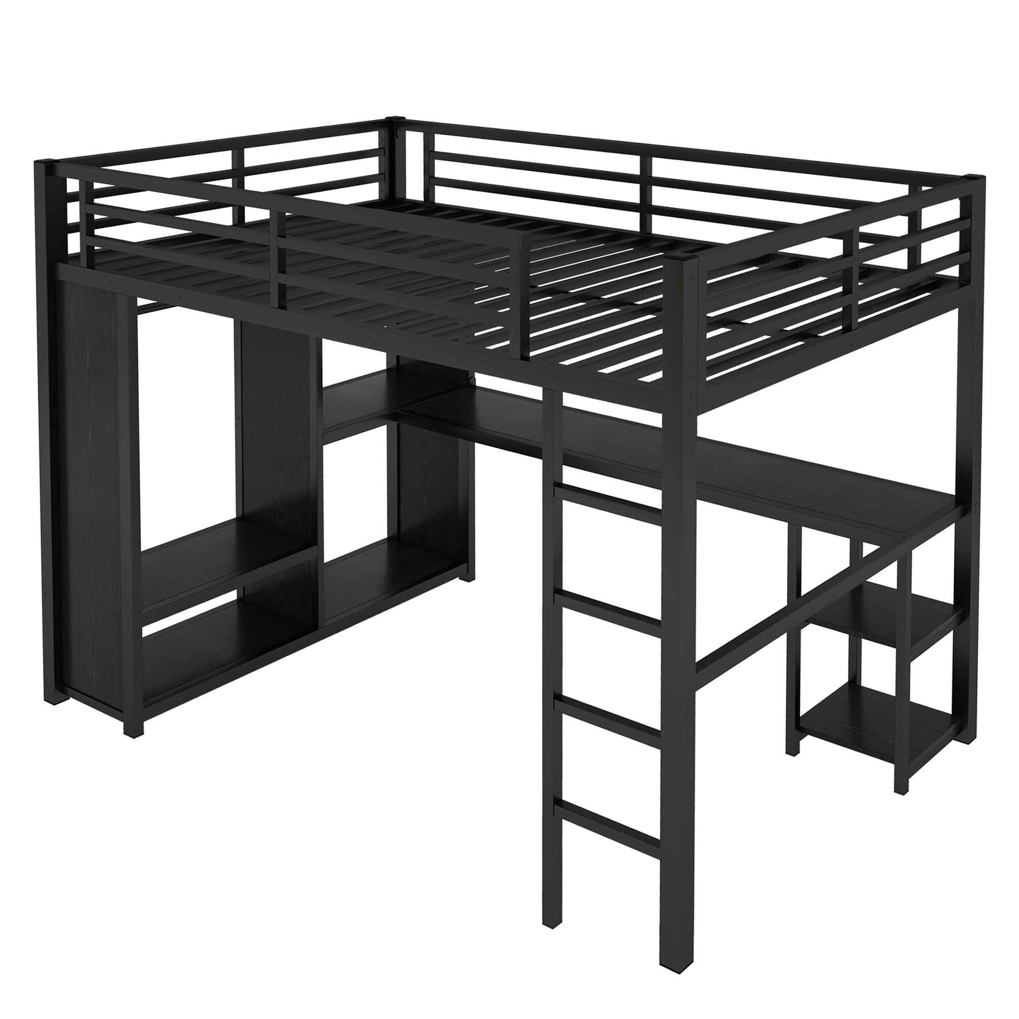 Full Size Loft Bed Frame with Built-in Wardrobe, Metal Loft Bed with Desk and Storage Shelves, Black - Image 6