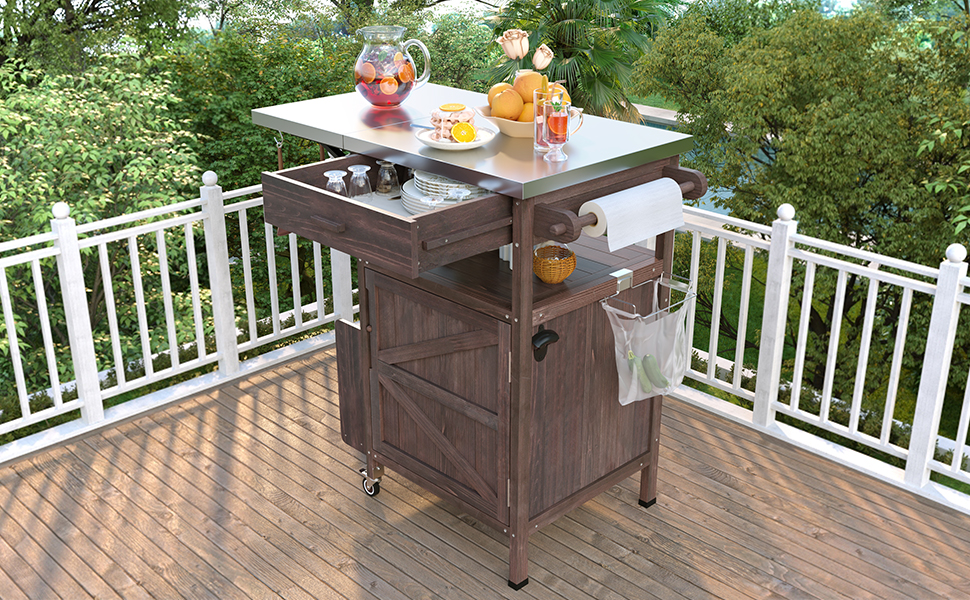 K&K 40.5" Outdoor Grill Cart with Stainless Steel Top, Solid Wood Outdoor Storage Cabinet with Drop Leaf, One Drawer, Towel Rack, Rolling Kitchen Cart with Lockable Wheels for Lawn Garden, Brown - Image 6