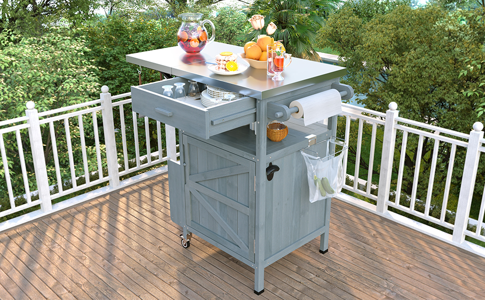 K&K 40.5" Outdoor Grill Cart with Stainless Steel Top, Solid Wood Outdoor Storage Cabinet with Drop Leaf, One Drawer, Towel Rack, Rolling Kitchen Cart with Lockable Wheels for Lawn Garden, Blue Grey - Image 6