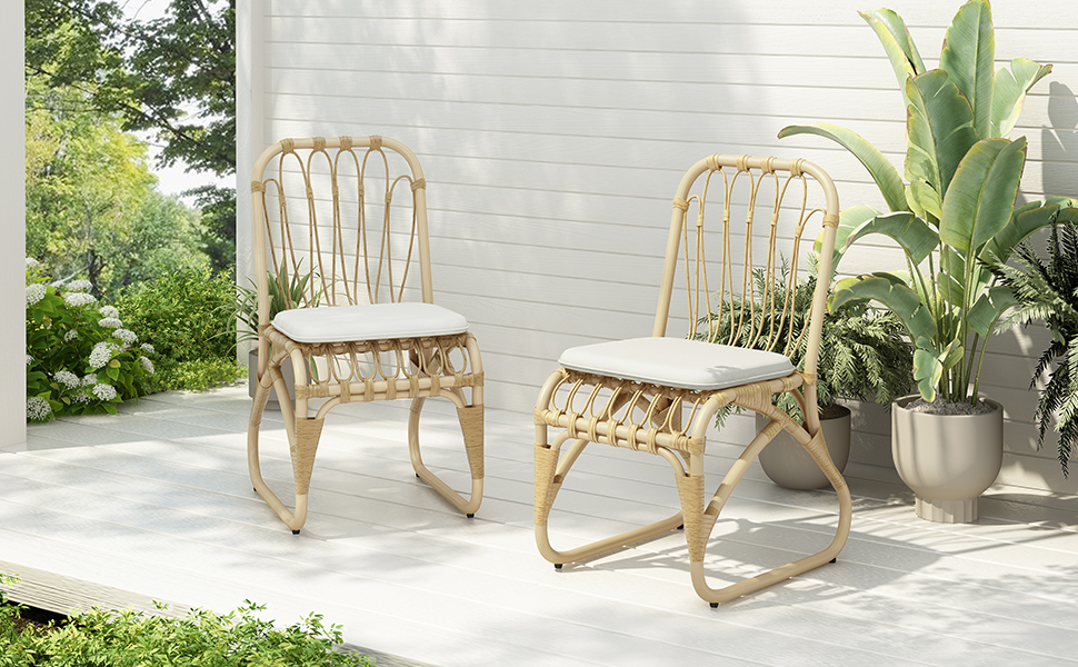 Outdoor PE Wicker Dining Chairs with Washable Cushion Set of 2, Outdoor Rattan chairs for Backyard, Poolside, Garden,Patio,Natural - Image 3