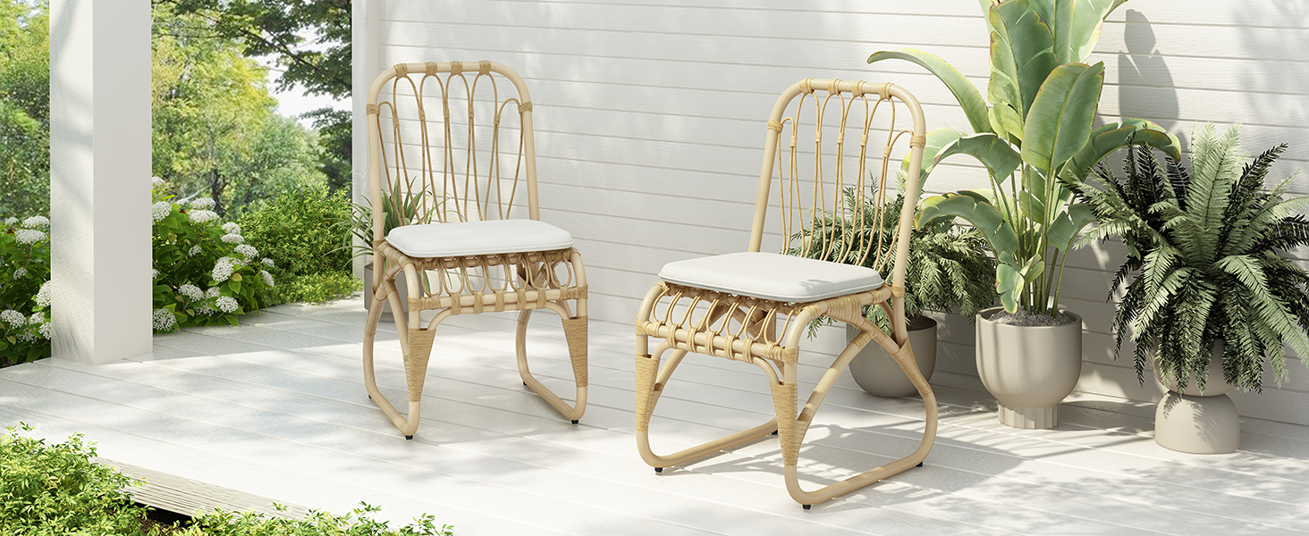 Outdoor PE Wicker Dining Chairs with Washable Cushion Set of 2, Outdoor Rattan chairs for Backyard, Poolside, Garden,Patio,Natural - Image 4