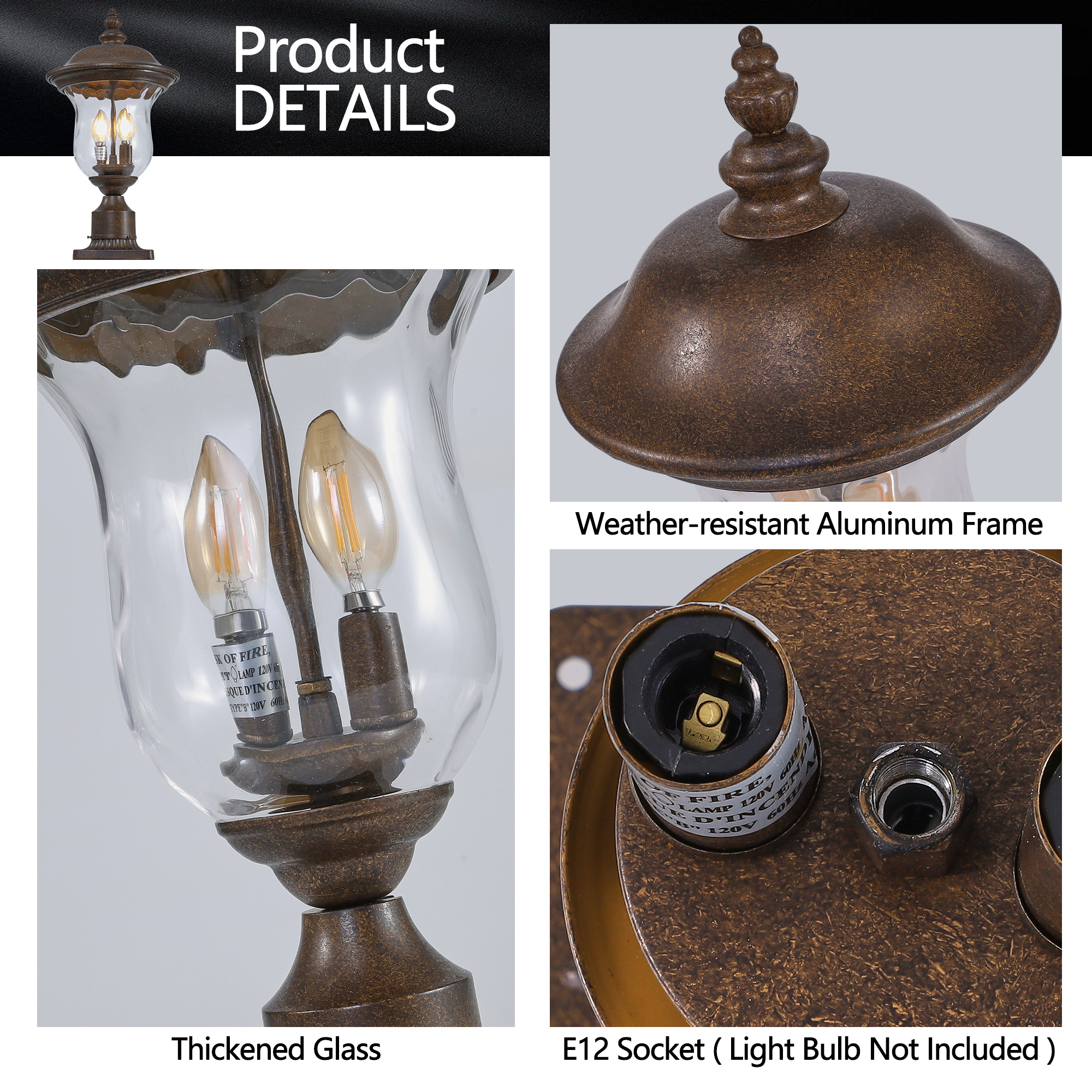 21"(H) Vintage Outdoor Lamp Post Light, Waterproof Garden Patio Lantern with Clear Glass Shade, Classic Bronze Finish, Ideal for Yard, Porch, Walkway, and Driveway Lighting (One Piece & No Bulb) - Image 6