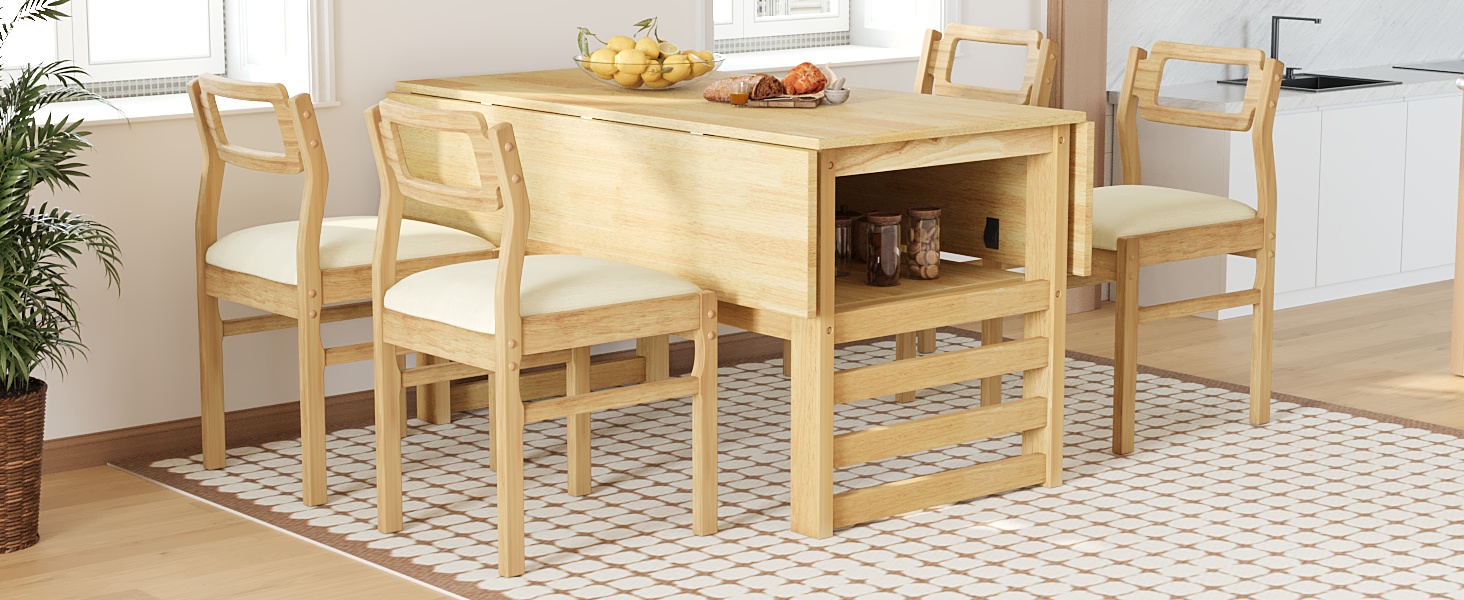 TOPMAX Modern 5-Piece 47.2'' Extendable Wood Square Dining Table Set with Two 11.8-inch Drop Leaves, Compact Storage Shelf Kitchen Table Set with Upholstered Chairs for 4, Natural - Image 3