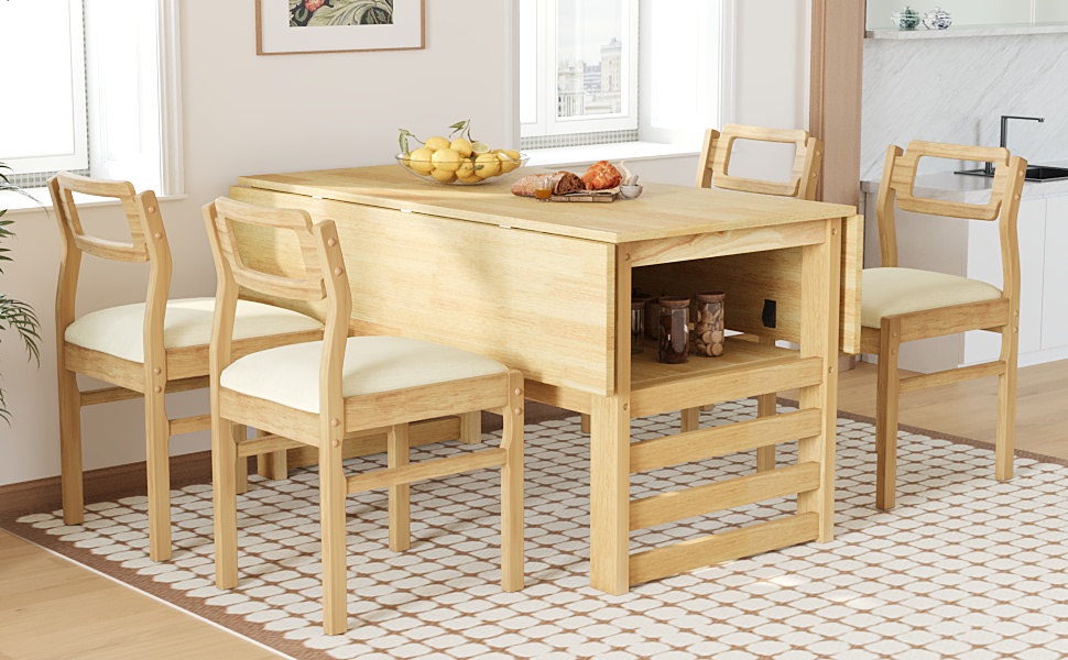 TOPMAX Modern 5-Piece 47.2'' Extendable Wood Square Dining Table Set with Two 11.8-inch Drop Leaves, Compact Storage Shelf Kitchen Table Set with Upholstered Chairs for 4, Natural - Image 4