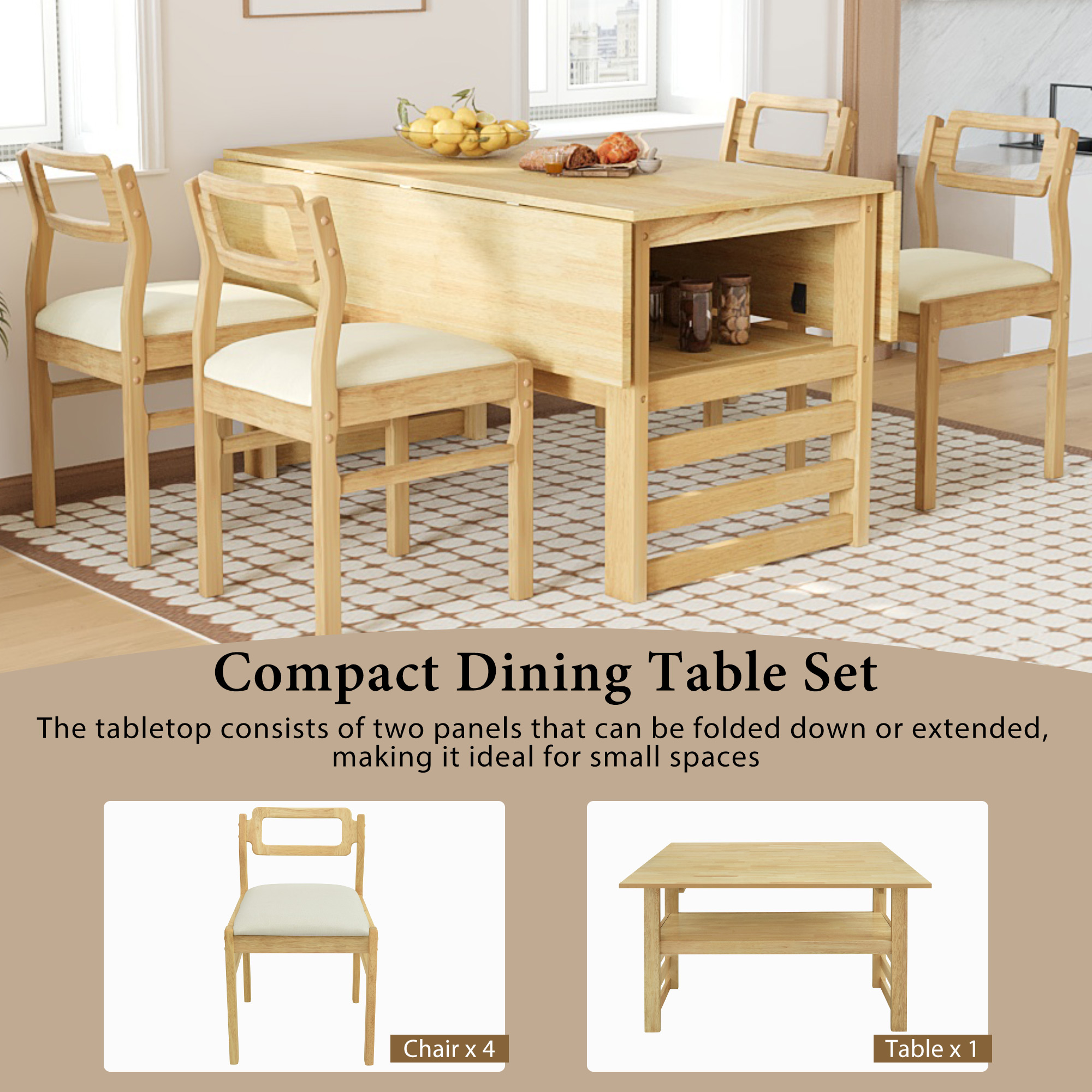 TOPMAX Modern 5-Piece 47.2'' Extendable Wood Square Dining Table Set with Two 11.8-inch Drop Leaves, Compact Storage Shelf Kitchen Table Set with Upholstered Chairs for 4, Natural - Image 5