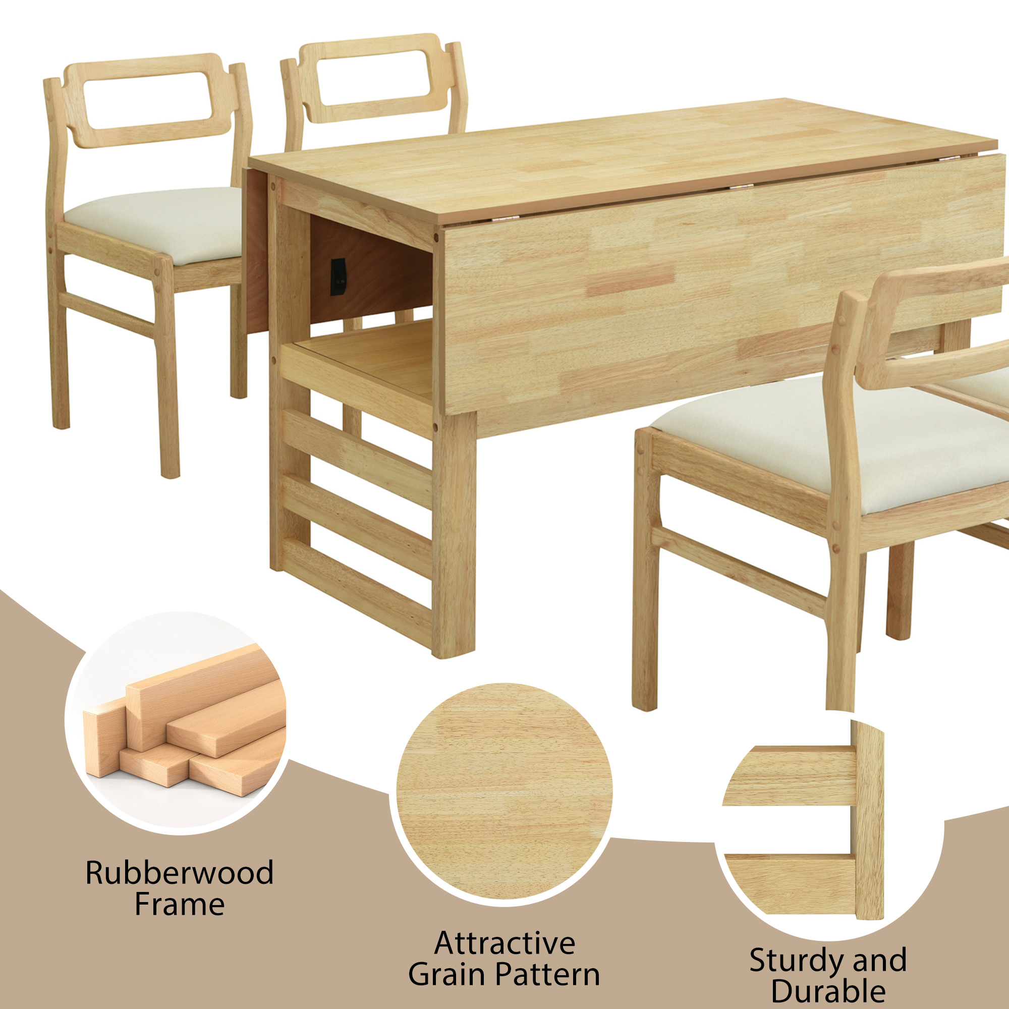 TOPMAX Modern 5-Piece 47.2'' Extendable Wood Square Dining Table Set with Two 11.8-inch Drop Leaves, Compact Storage Shelf Kitchen Table Set with Upholstered Chairs for 4, Natural - Image 6