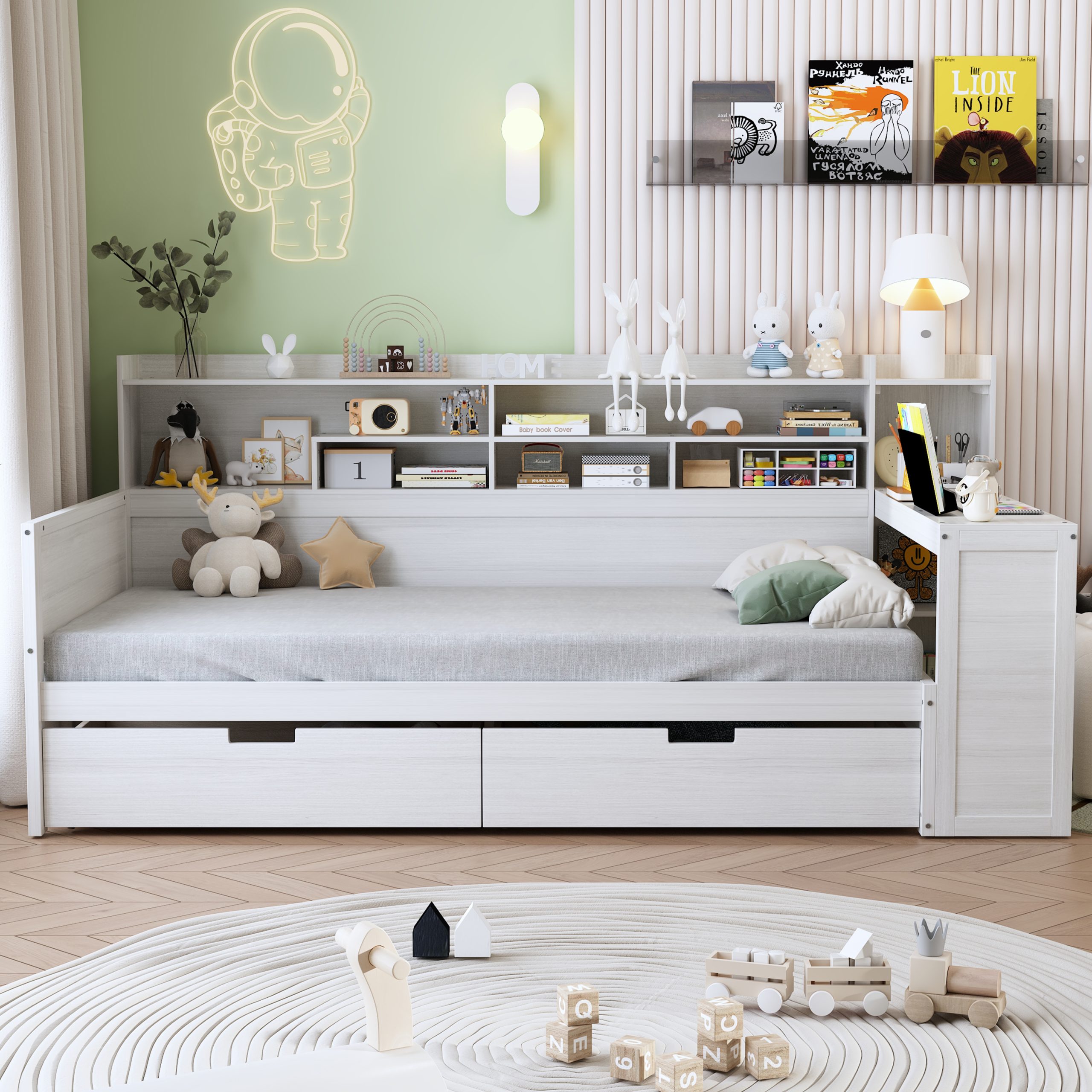 Wooden Twin Size Daybed with Storage Shelves, Multi-functional Bed with Two Storage Drawers and Study Desk, Antique White (Old SKU: HL000189AAK) - Image 2
